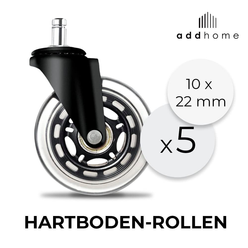addhome Schwerlastrolle 5er Set Bürostuhlrollen 10x22mm Leise Hartbodenrollen 73mm Ø & 35mm, Premium Ersatzrollen für Parkett & Teppich Gaming- & Bürostuhl Set