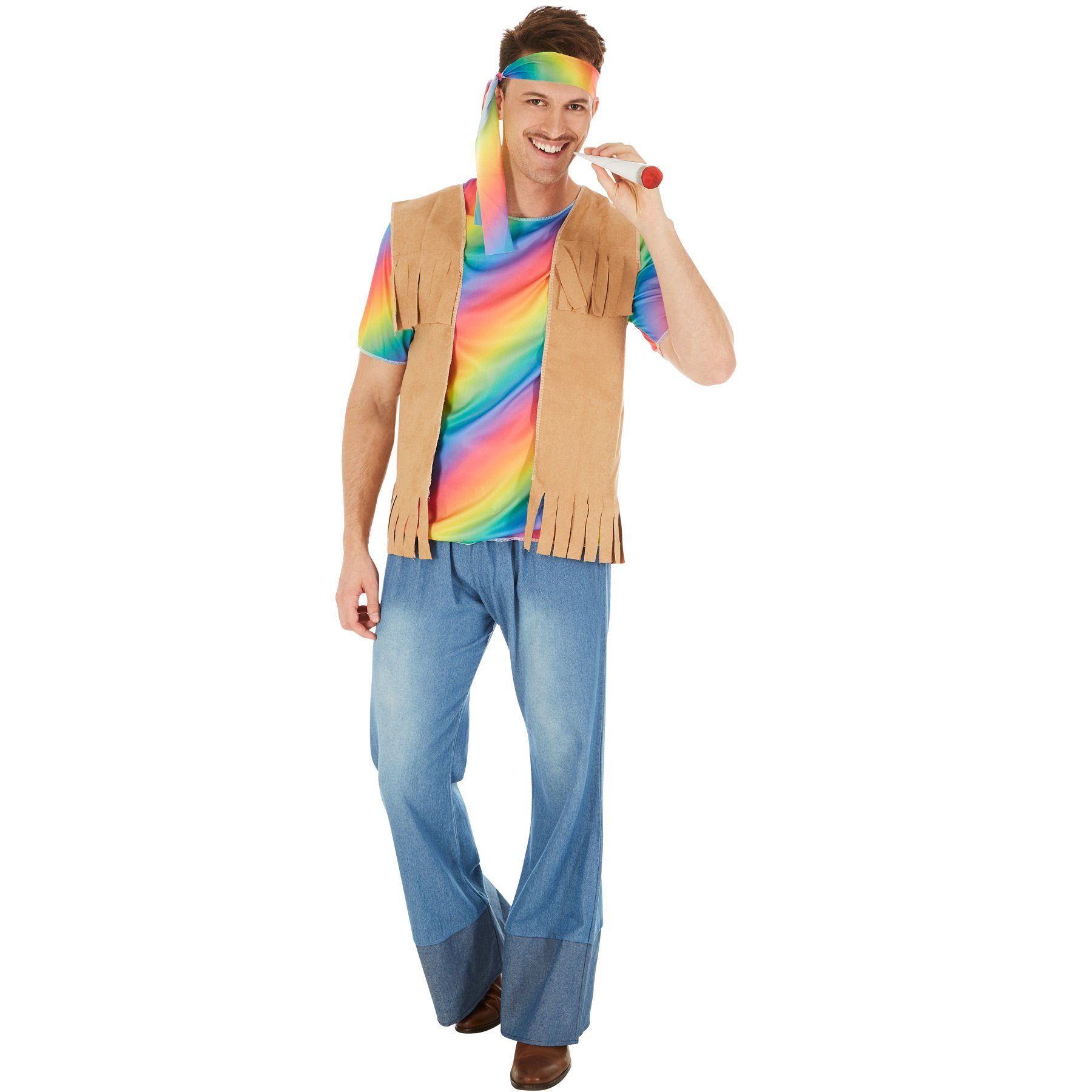 dressforfun Hippie-Kostüm Blumenkind/Friedensfreund, Gr. M, Cooles buntes, in bunt, Weste mit Fransen in Velourslederoptik, Fetziges Haarband