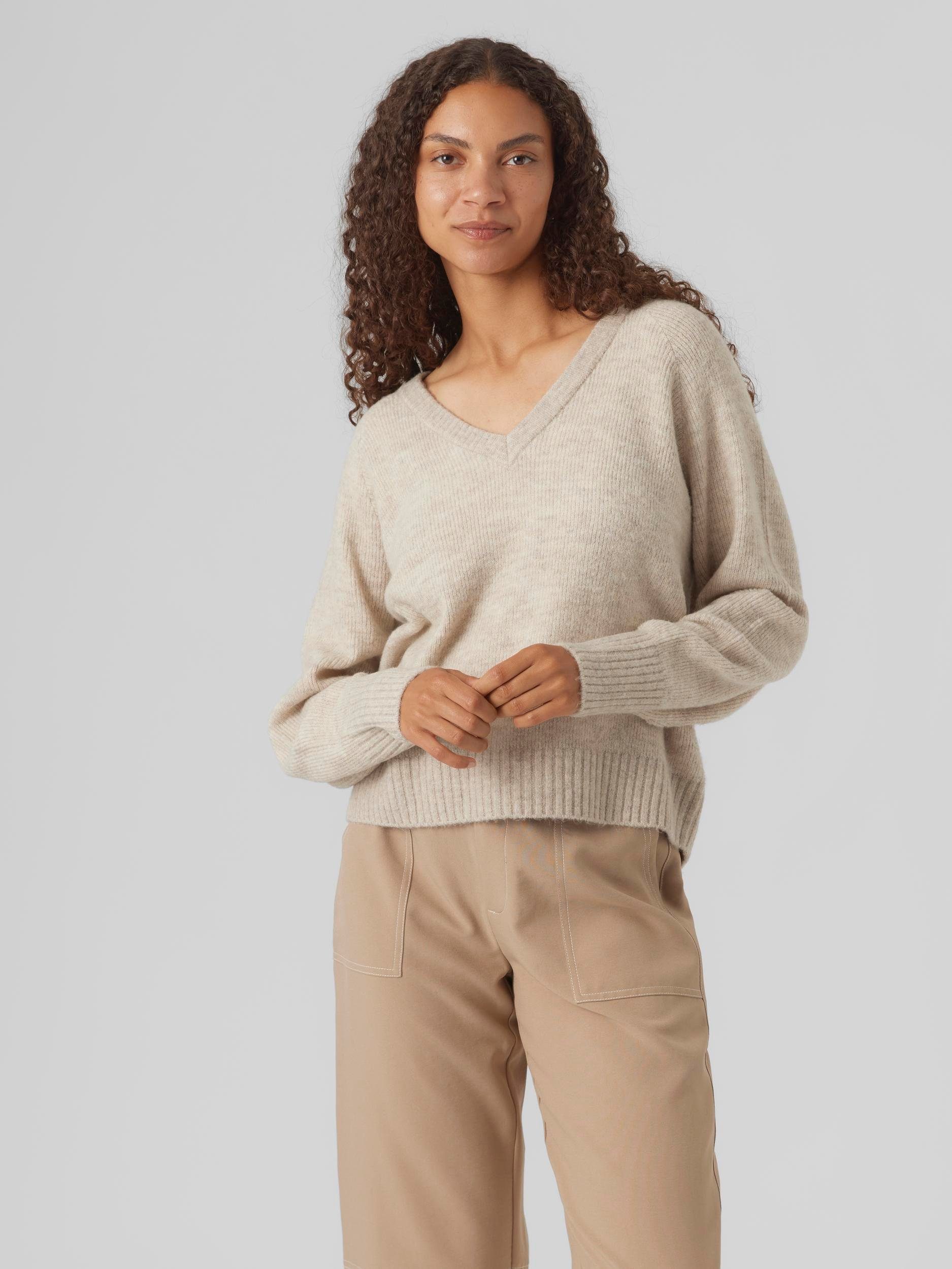 Vero Moda V-Ausschnitt-Pullover VMELLYLEFILE LS V-NECK PULLOVER Birch Detail:W MELANGE