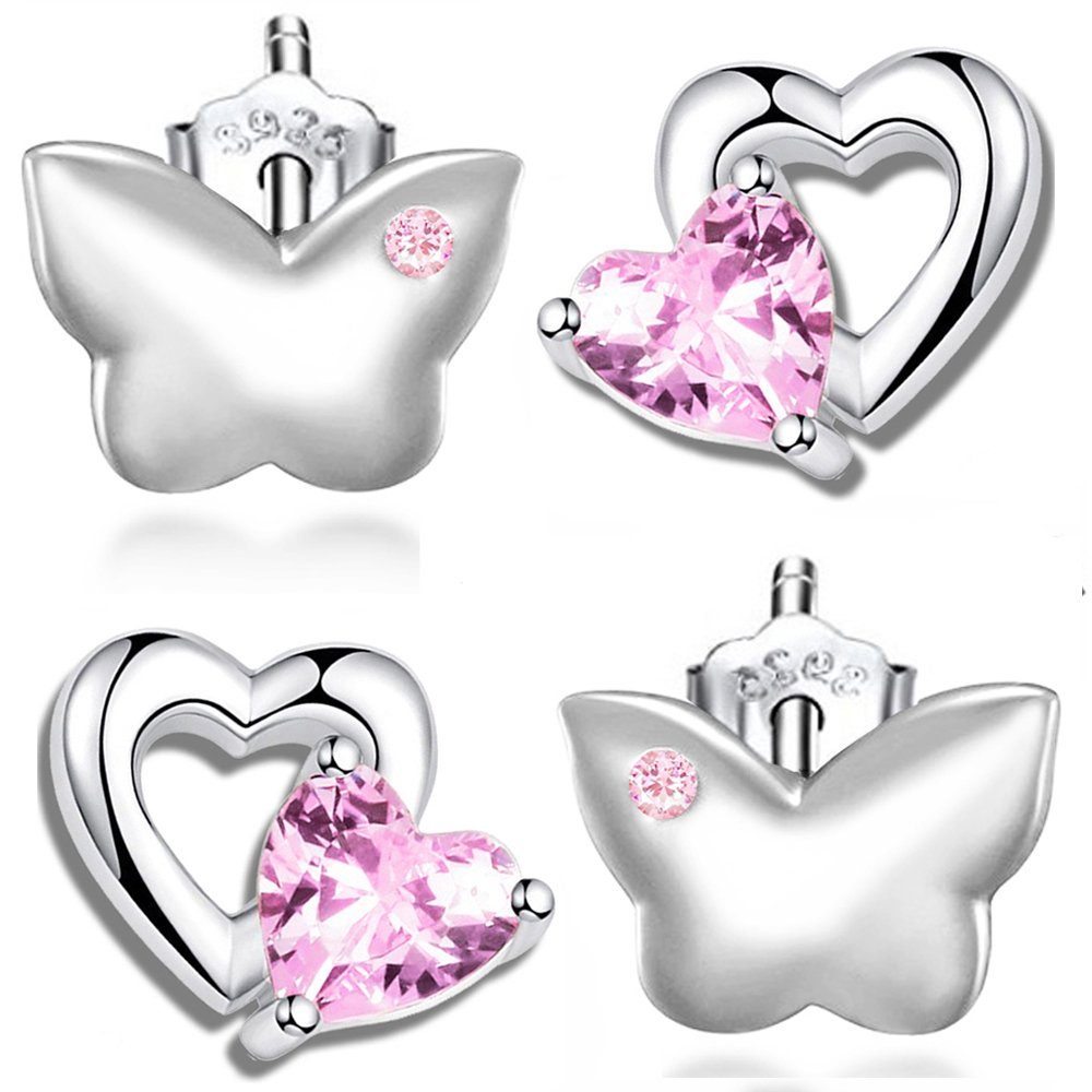 Limana Paar Schmetterling, echt Echtschmuck Kinderschmuck Ohrstecker 925 rosa Silber Kinderohrringe Herz Ohrringe Sterling Mädchenohrringe