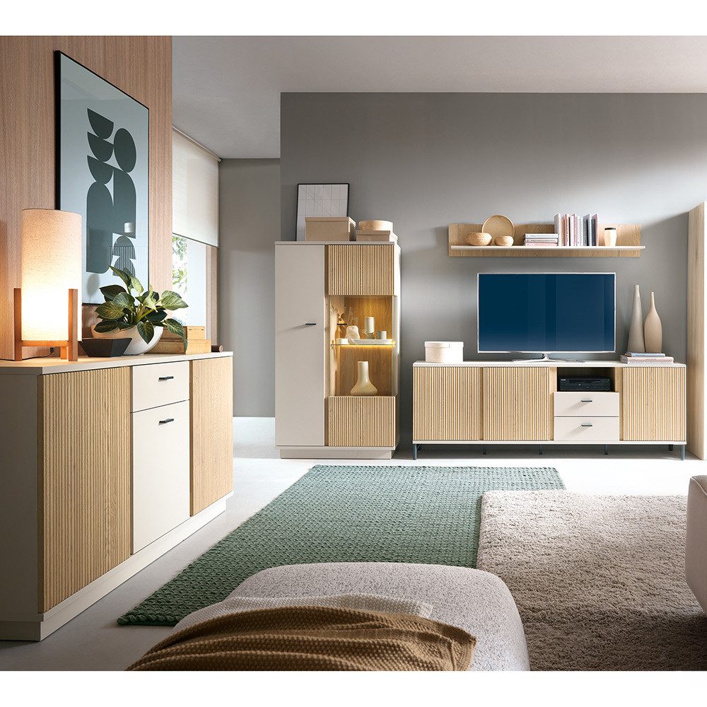 Lomadox Wohnzimmer-Set MOLINA-129, (Mega-Spar-Set, 4-St., Highboard Kommode Lowboard Wandregal), Wohnzimmermöbel in Eiche & kaschmir mit Softclose & LED-Beleuchtung