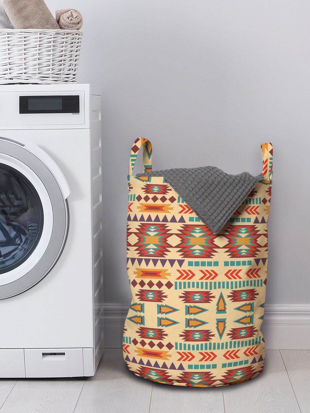 Wäschesäckchen mit Traditionelle Motiv Griffen Abakuhaus Waschsalons, Wäschekorb Geometrisches Stammes Kordelzugverschluss für