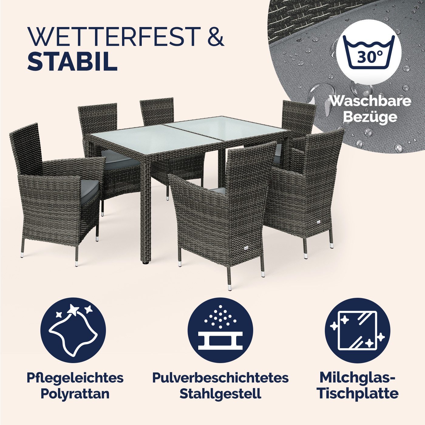 Casaria Garten-Essgruppe, (7-tlg), Gartenmöbel Set 6 Stühle inkl. 7cm Polster Tisch 150x90cm grau