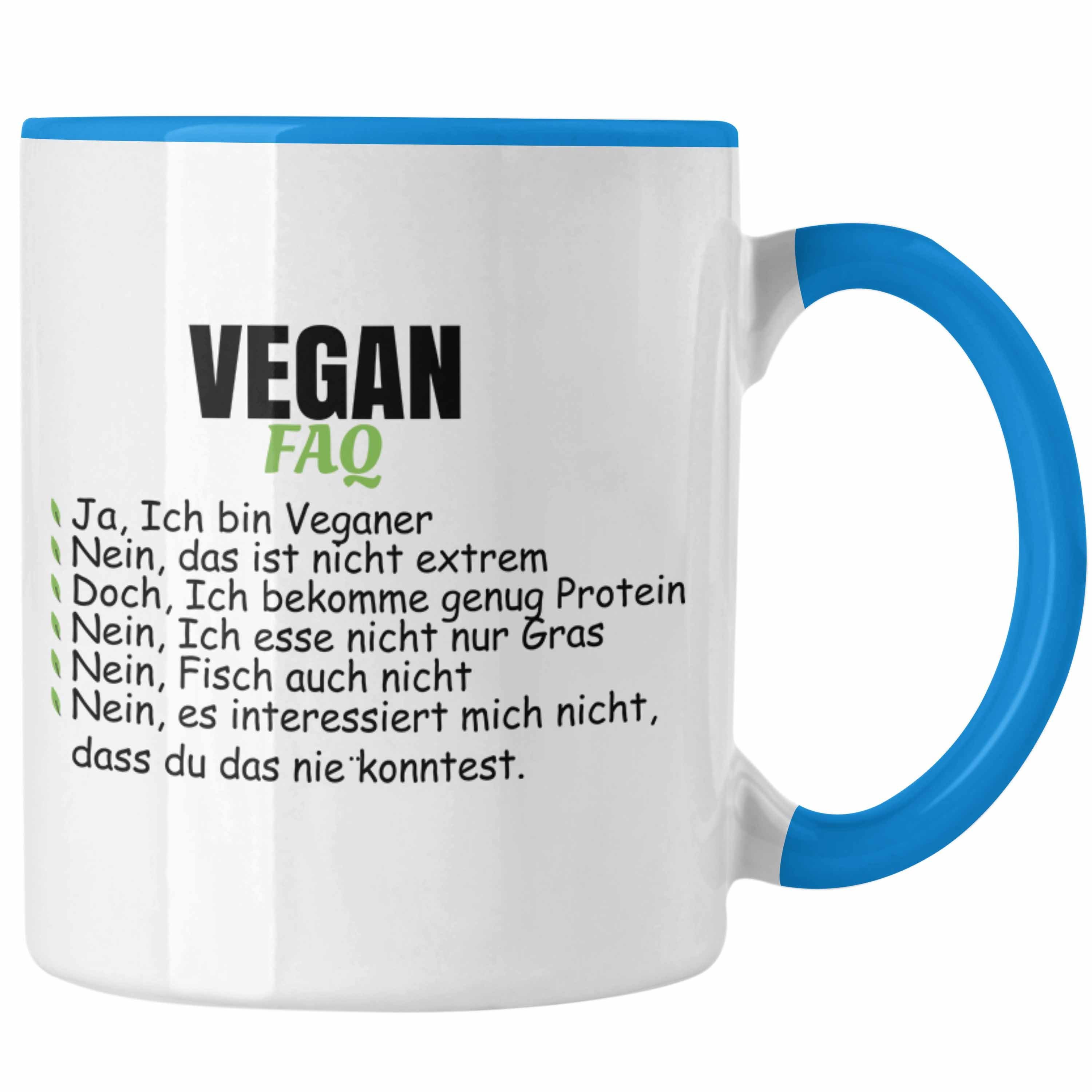 Trendation Tasse Trendation - Veganer Tasse Geschenk FAQ Vegan Geschenkidee Lustiger Spruch Vegane Lebensweise Spruch Blau