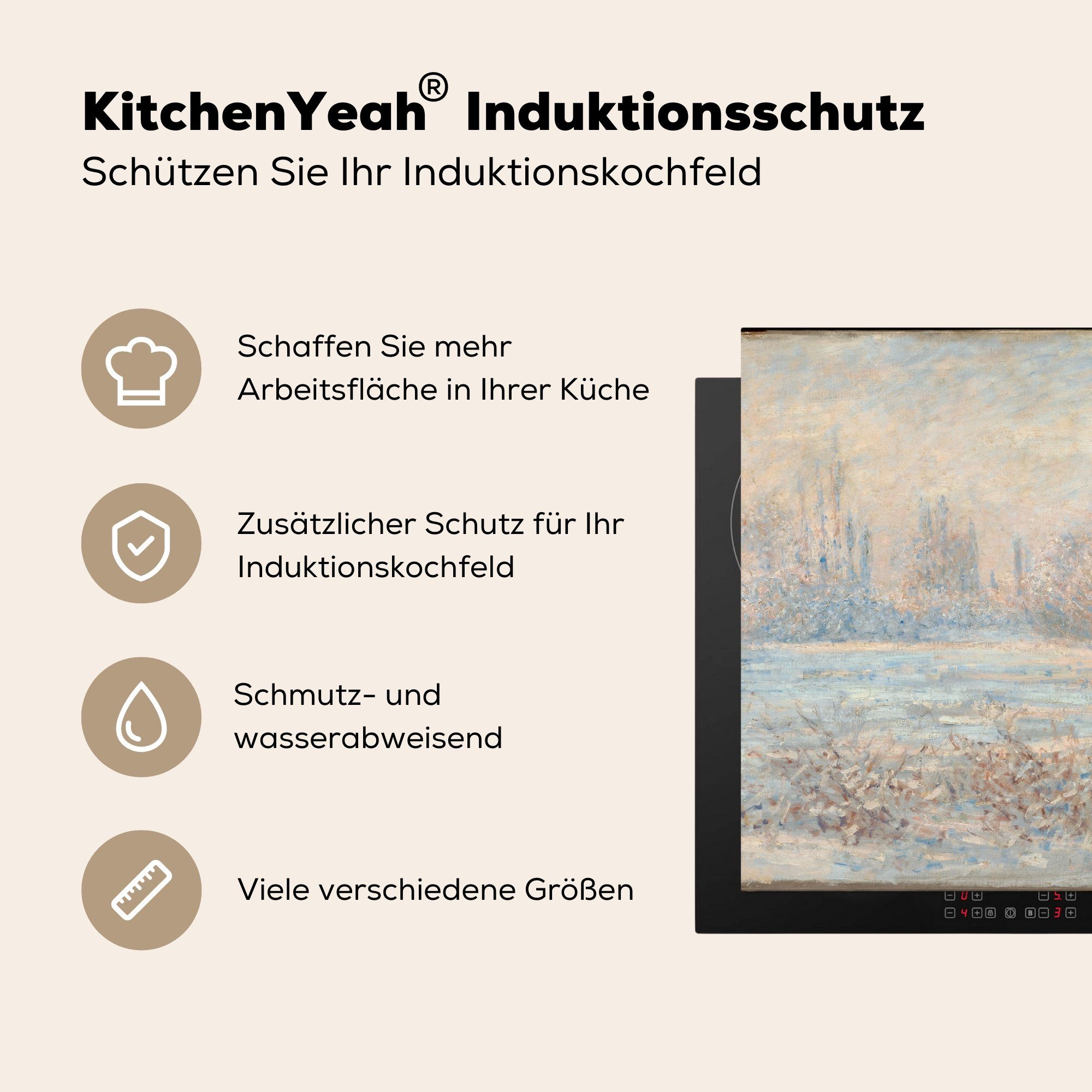 Herdblende-/Abdeckplatte Ceranfeldabdeckung, für 78x78 Monet, Frost tlg), MuchoWow Claude von küche Vinyl, cm, Vetheuil bei Arbeitsplatte Gemälde - (1