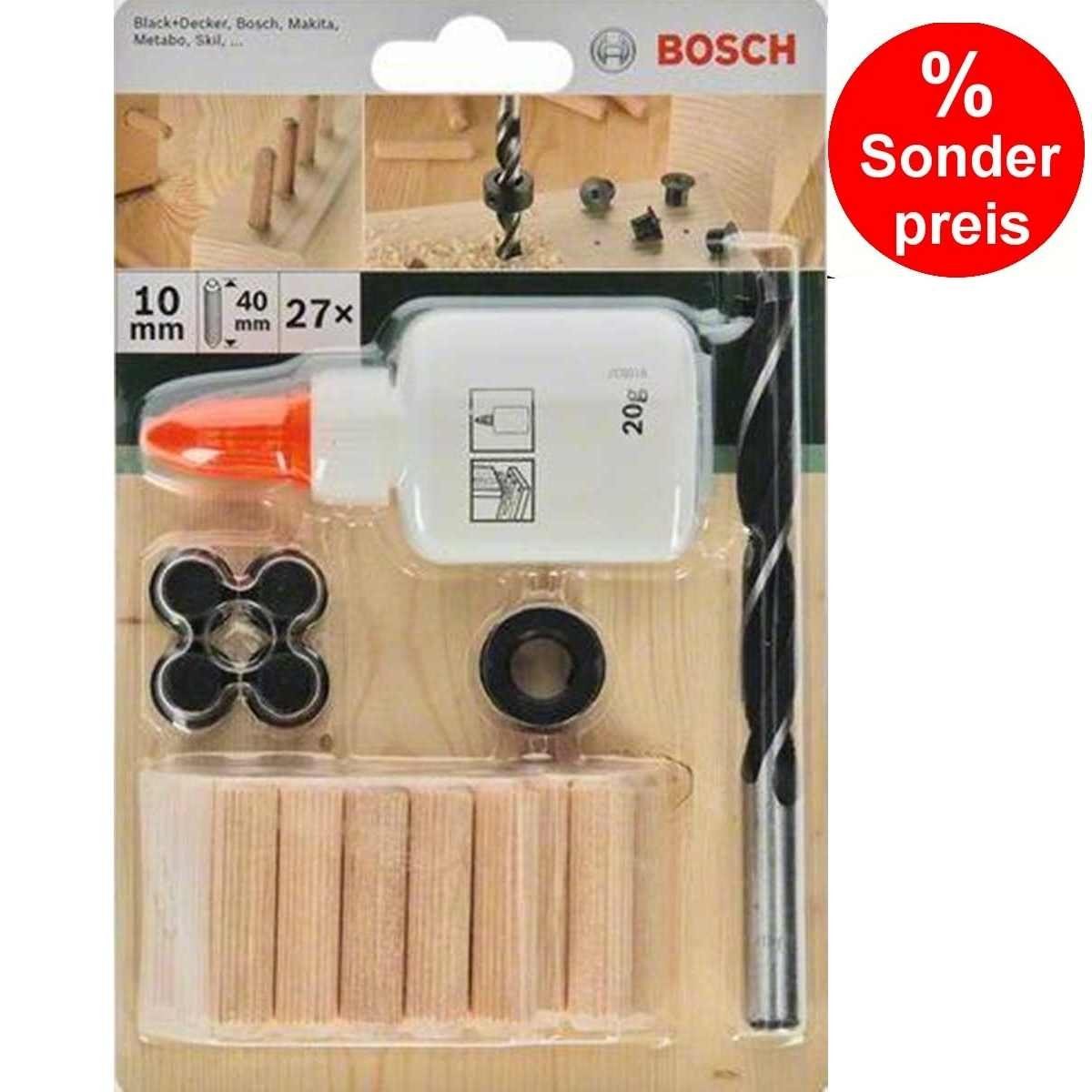 BOSCH Bohrfutter Bosch 27-tlg Holzdübel Set 10 x 40 mm, Bohrer Tiefenstop Dübelsetzerr