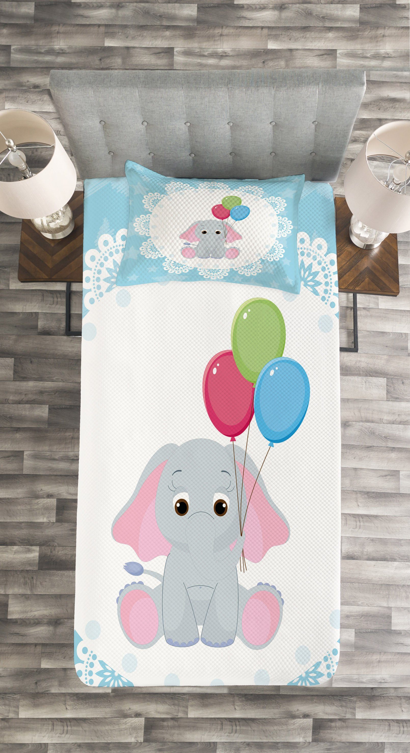 Set Waschbar, Sterne Abakuhaus, Luftballons Elephant Tagesdecke mit Nursery Kissenbezügen