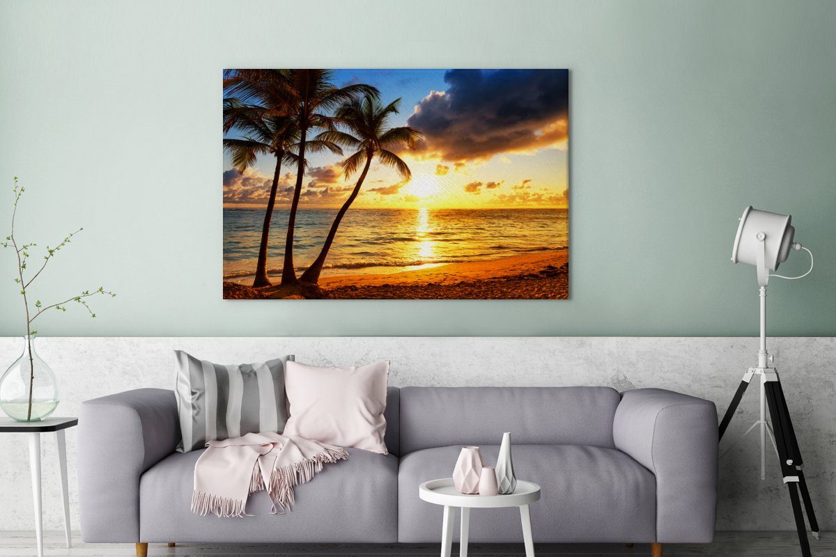 OneMillionCanvasses® Leinwandbild Strand - Horizont Wandbild - cm - - XXL, (1 Meer, Wohnbereiche, St), 120x80 großes, Palme alle Gemälde, für Sonnenuntergang