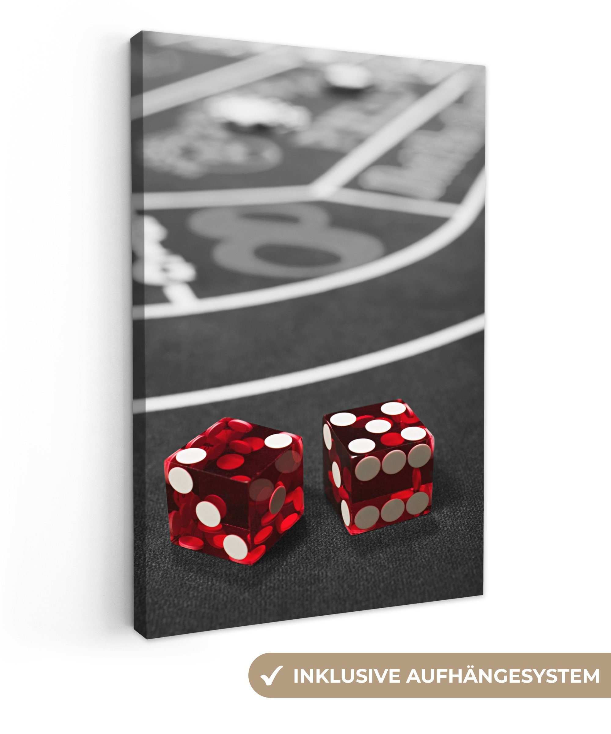 OneMillionCanvasses® Leinwandbild Ein Schwarz-Weiß-Foto von einem Pokertisch mit roten Würfeln, (1 St), Leinwandbild fertig bespannt inkl. Zackenaufhänger, Gemälde, 20x30 cm
