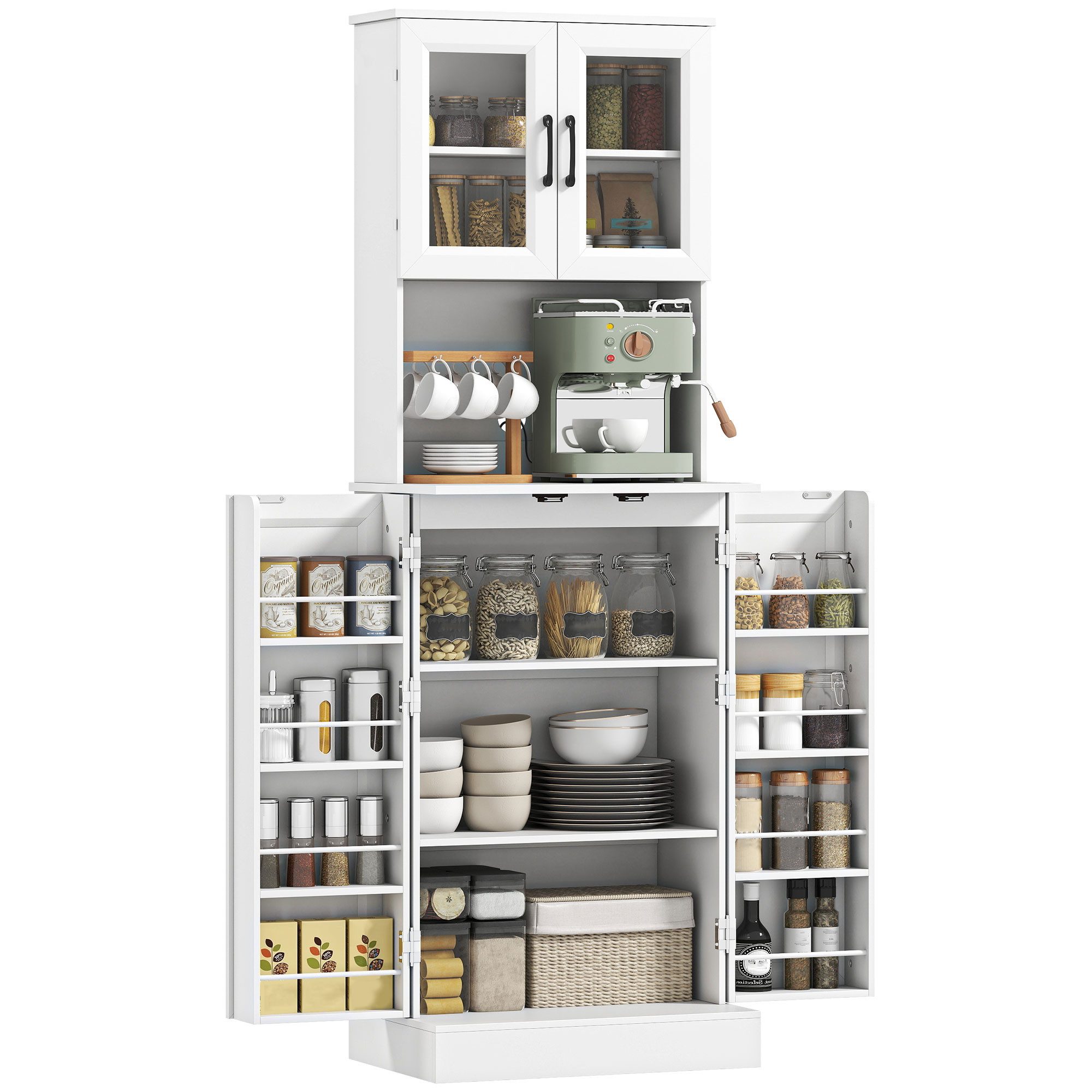 HOMCOM Küchenbuffet Küchenschrank, Buffetschrank mit 4 Türen, Arbeitsplatte (Vitrinenschrank, 1-St., Hochschrank) für Küche, Esszimmer, Weiß