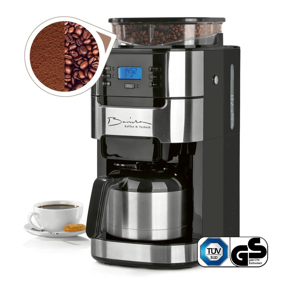 Barista Kaffeemaschine mit Mahlwerk mit verstellbarem Mahlwerk Thermoskanne 24h Timer & Permanentfilter, Kaffeemaschine für Bohnen & Pulver, mit Isolierkanne, 1000W