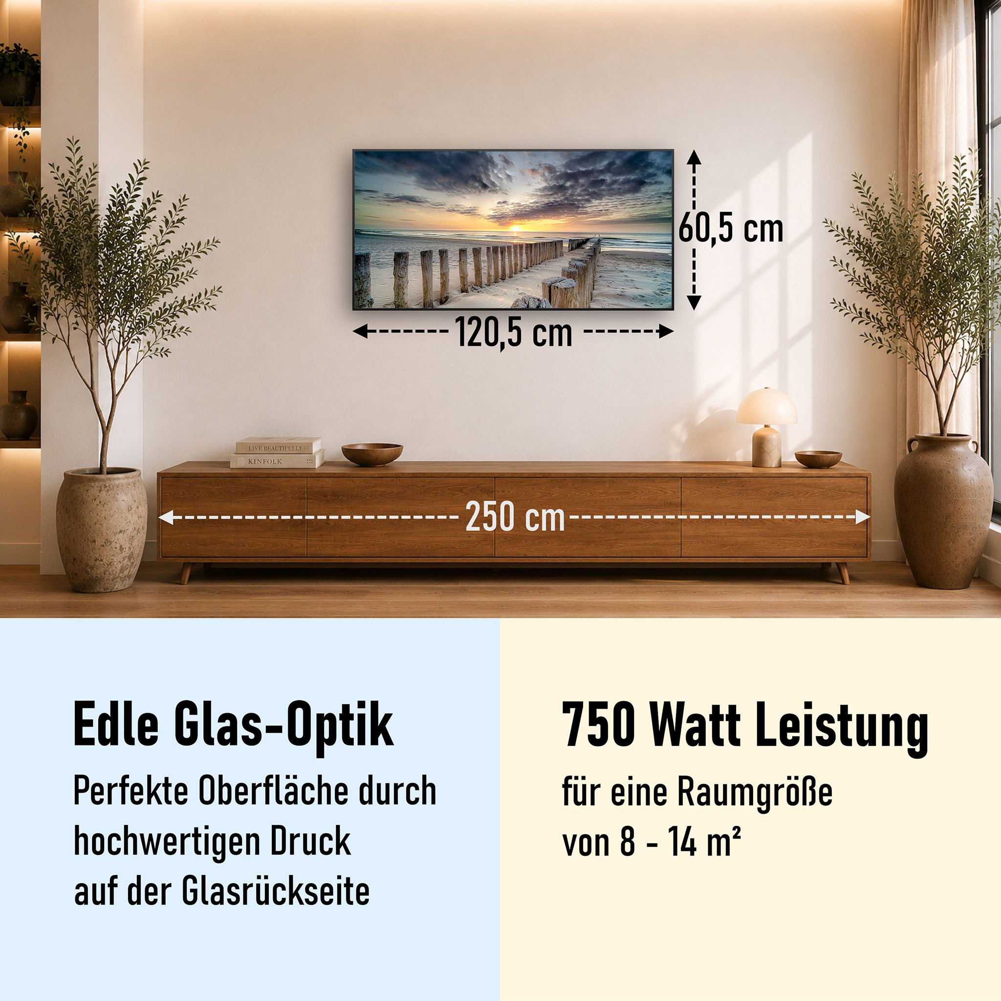 STEINFELD Heizsysteme Infrarotheizung Glas-Bild 750W, 120x60cm, Made in Germany, 7 Jahre Garantie, mit Thermostat, Schwarz
