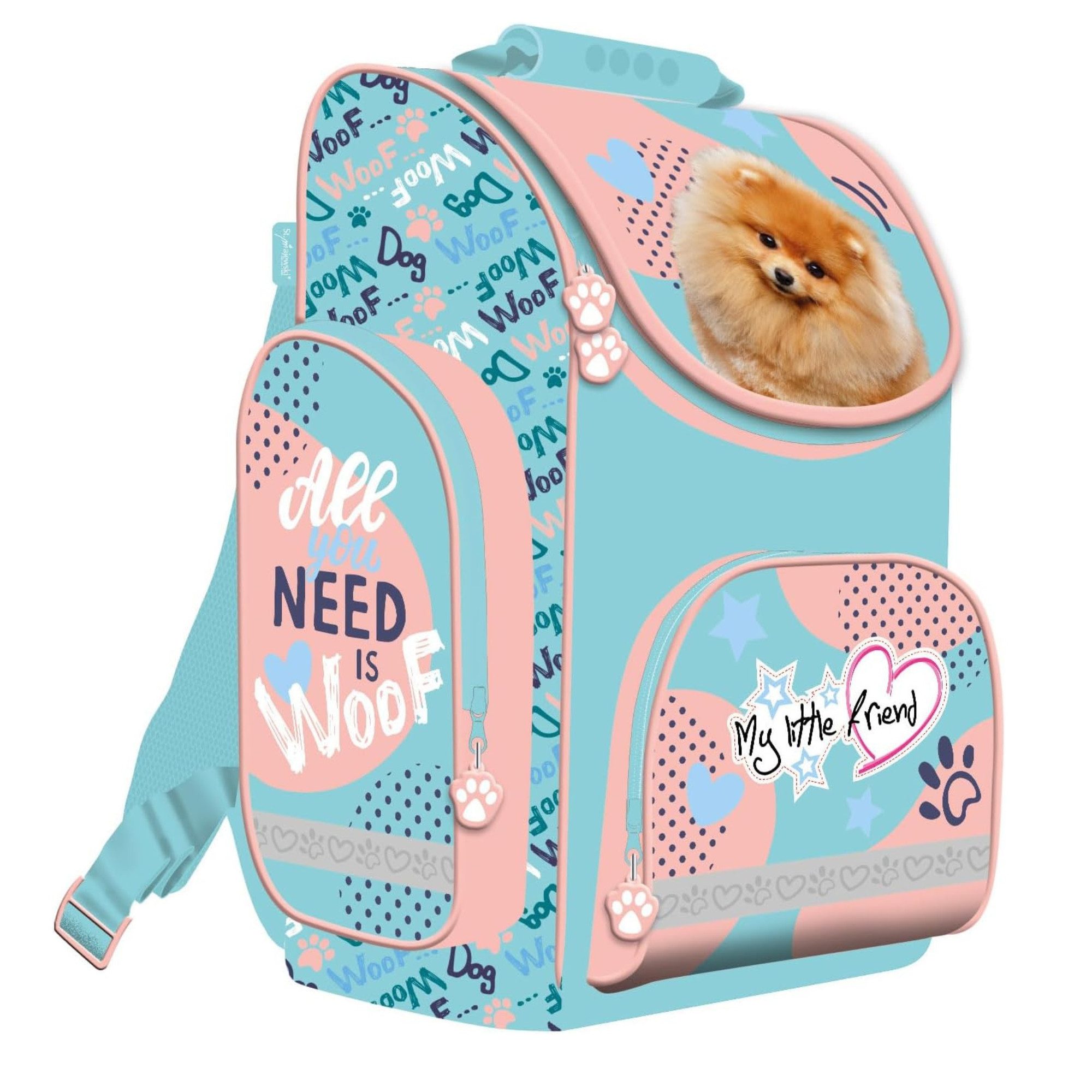 GOLDKIDS Schulranzen My Little Friend (Set Ranzen Federmappe Federmäppchen, 1-tlg., Turnbeutel Regenschutz Fluffy Dog Hund 4-teilig), ab 1 Klasse der Grundschule.