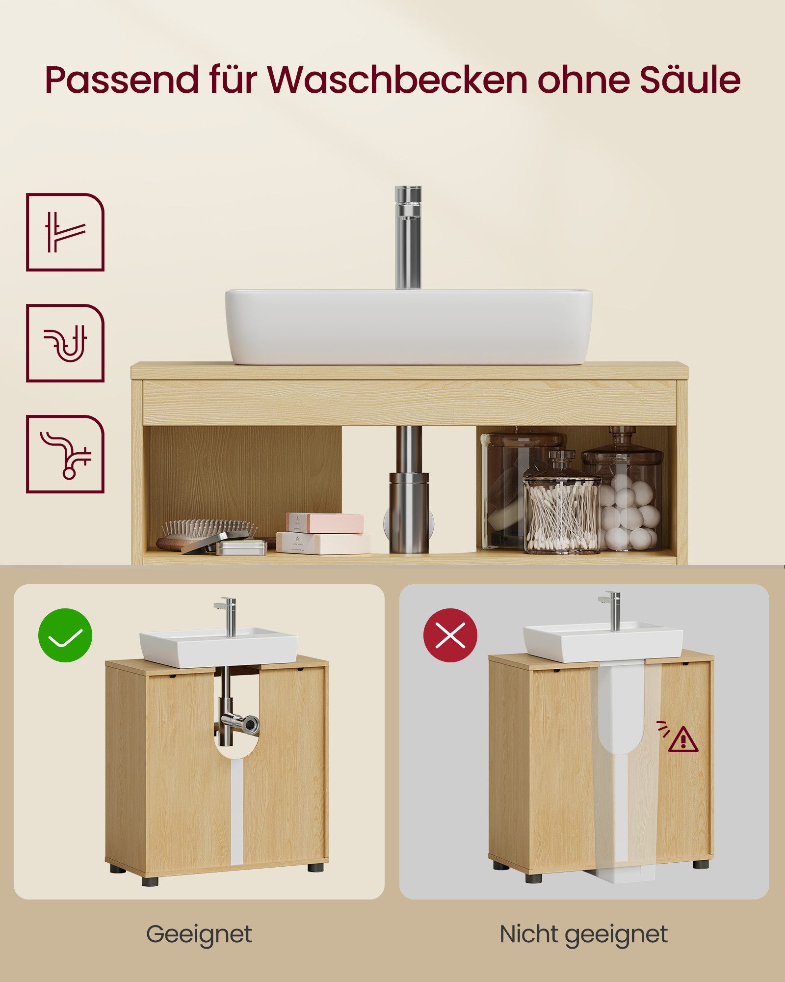 VASAGLE Waschbeckenunterschrank Badezimmerschrank Aufbewahrungsschrank Breite 60cm, mit 2 Lamellentüren, verstellbares Brett – Bild 5 von 5