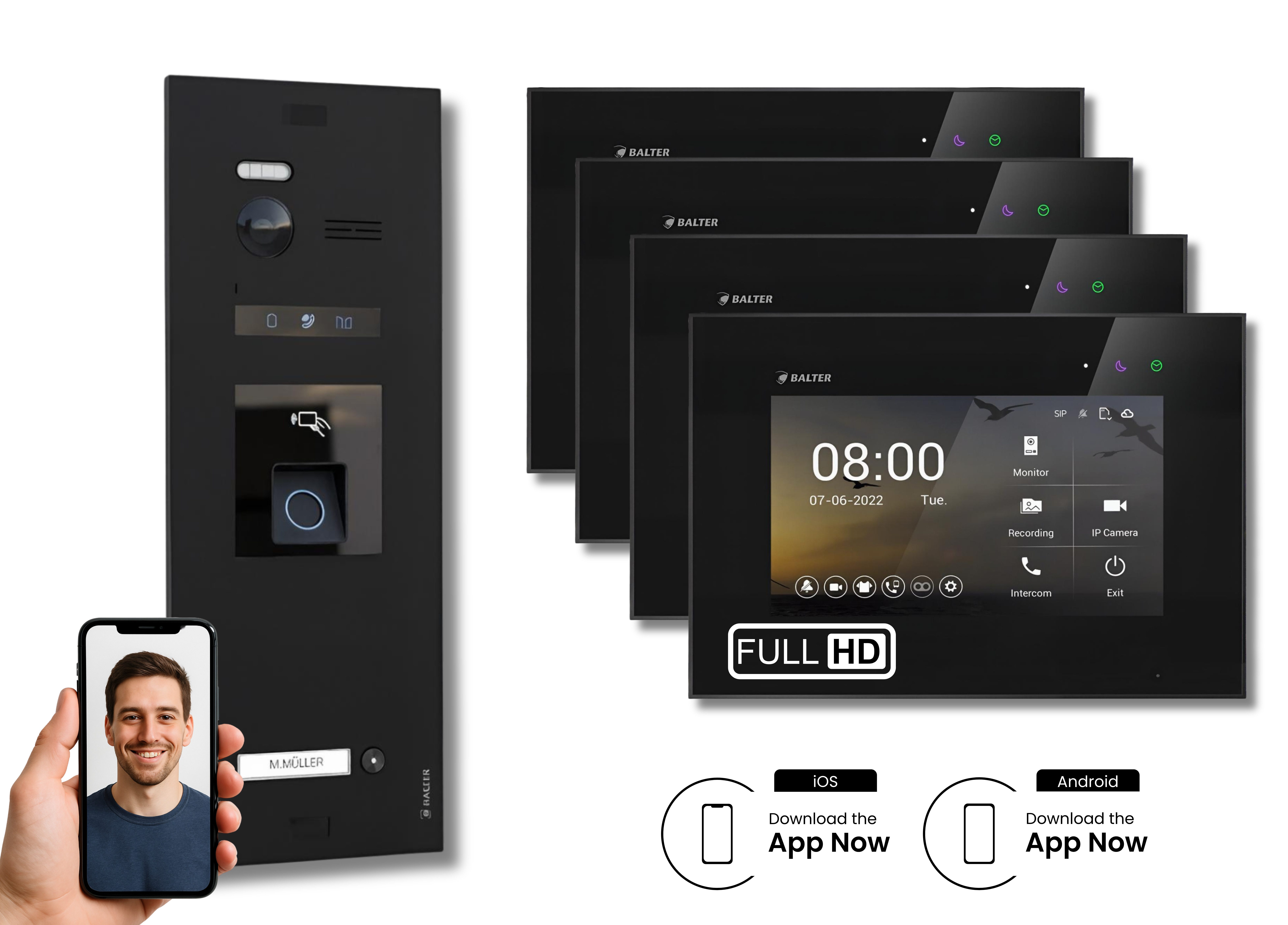 Balter Video-Türsprechanlage BALTER HD WLAN Türsprechanlage FP/RFID EVO 1-Familienhaus Schwarz (Set, 1-Familienhaus, Komplettset, Full HD 175° Kamera, Fingerprint, RFID)