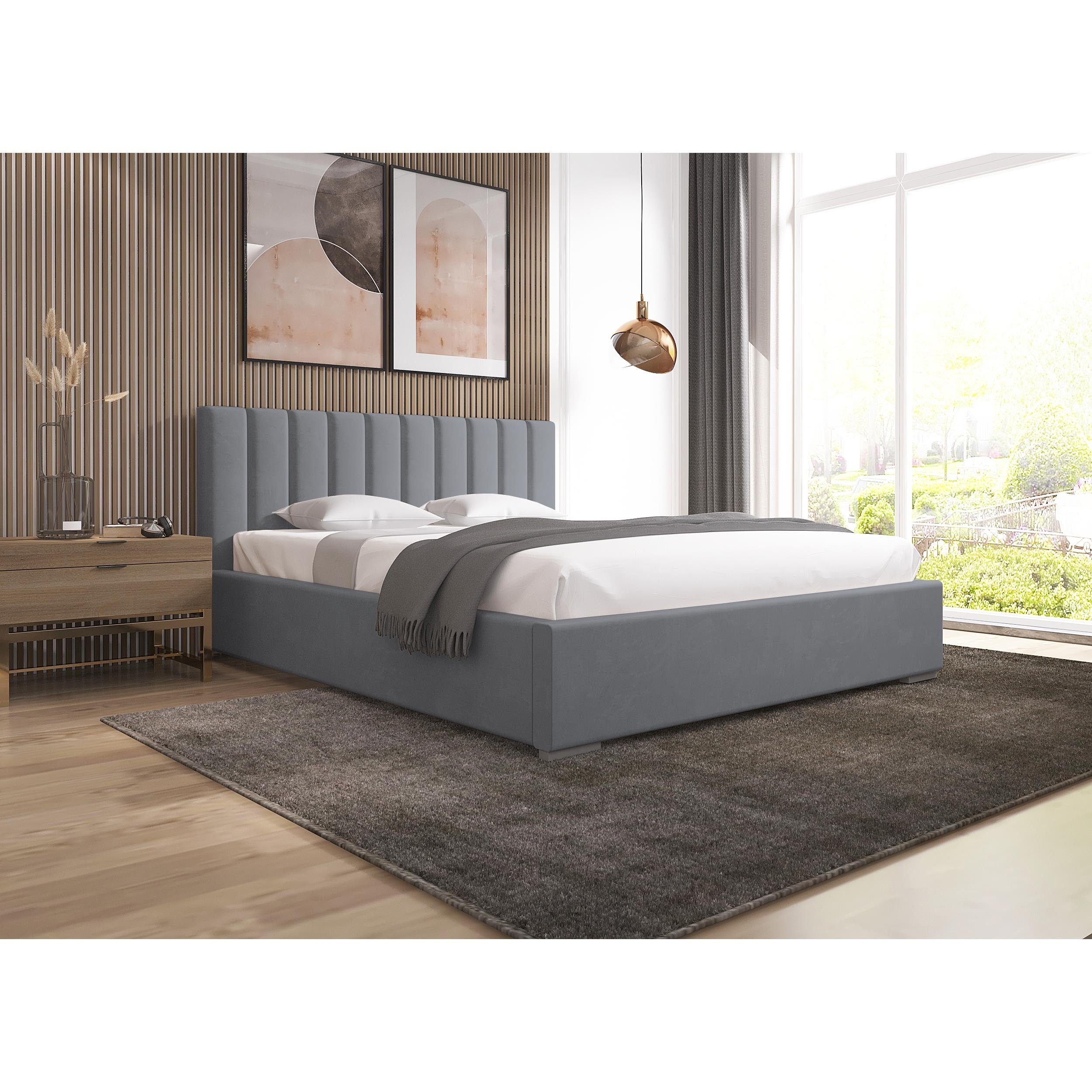 Beautysofa Polsterbett Adeline (stilvoll Bett mit Velvet-Bezug, Beige Polsterbett 120 x 200 cm), mit Bettkasten, mit Holzgestell Grau (mono 245)