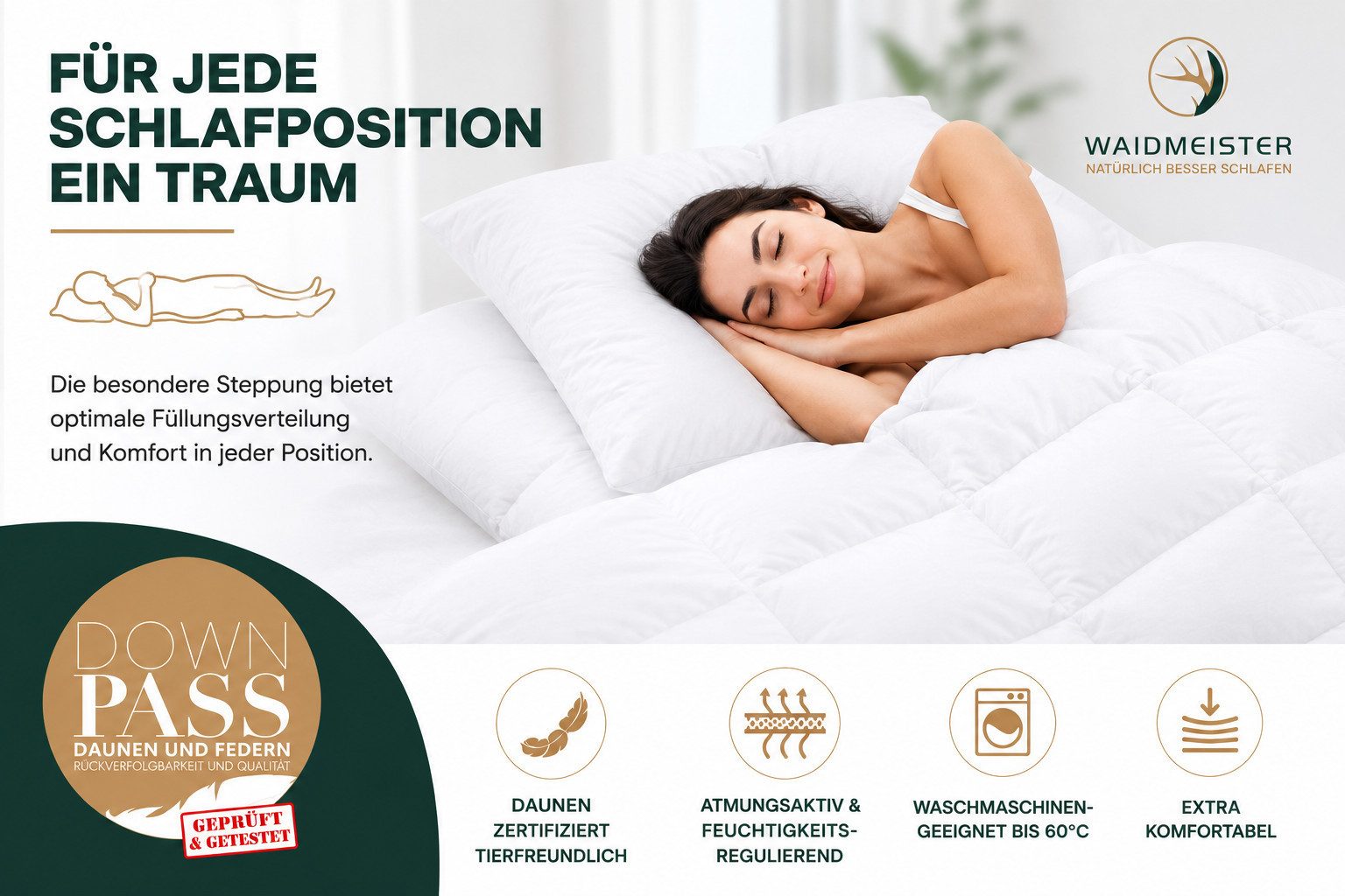 Waidmeister Federbettdecke Feder-/Daunenbettdecke + Kopfkissen Bettenset 4teilig Premium Qualität, 4-teiliges Bettenset mit Feder und Daunenfüllung