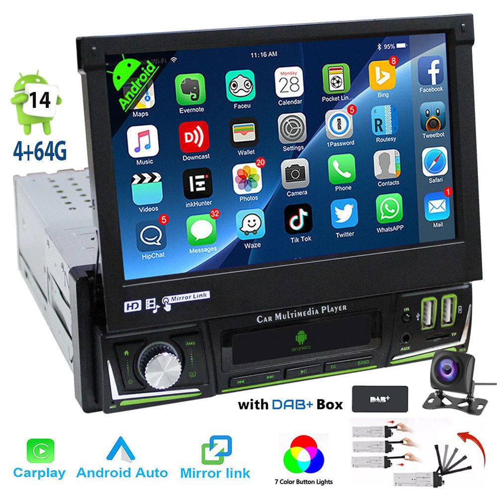 7" Android 14 Wireless Carplay Android Auto Ausziehbarer Screen 4+64GB Autoradio