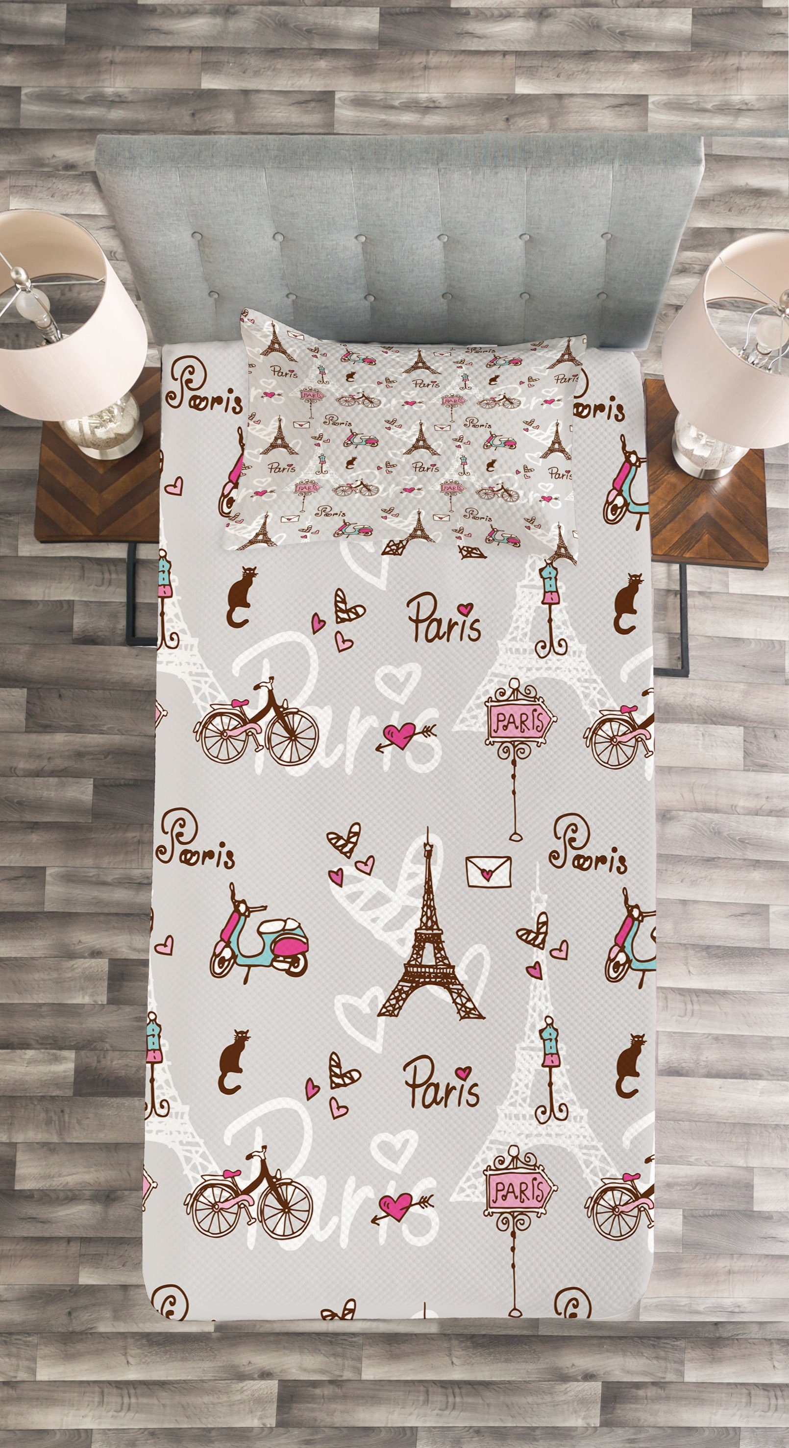 Waschbar, Eiffelturm Set Tagesdecke und Paris Abakuhaus, mit Kissenbezügen Bikes Herzen