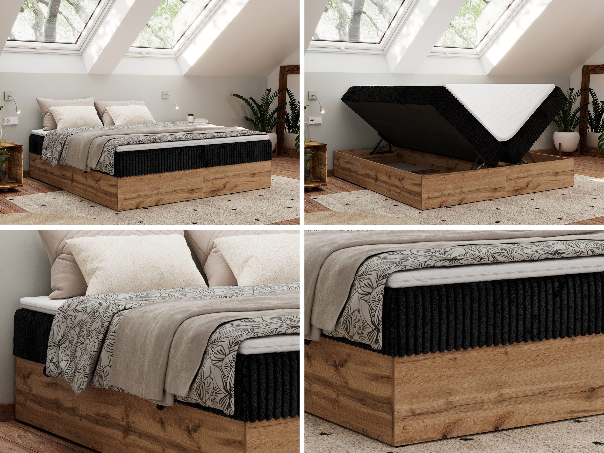 MKS MÖBEL Boxspringbett WOOD ZERO (Set, Bett, Polsterbett mit integrierten Matratzen, 2 Bettkästen, H3/H4), Topper T25 oder Visco optional, ohne Kopfteil