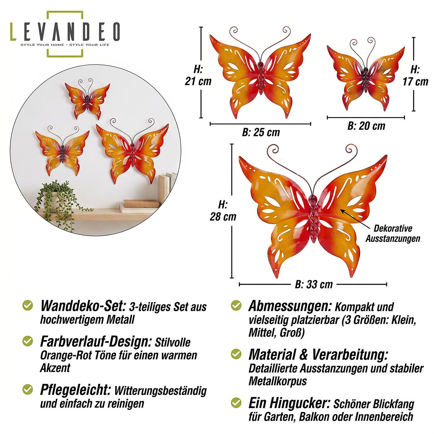 Levandeo® Wanddekoobjekt 3er Set Schmetterling Metall Wanddeko Rot Orange B20-33cm Gartendeko W (3 St), witterungsbeständig, Outdoor & Indoor geeignet – Bild 3 von 5