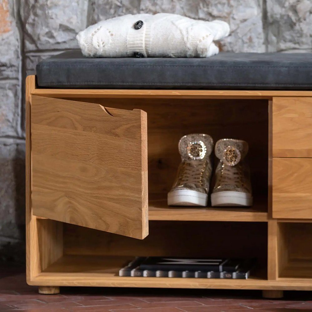 Mobello Schuhbank Primera Stilvolle Garderobenbank, Schuhregal mit Sitzbank aus massivem Eichenholz, 100x40x47 cm