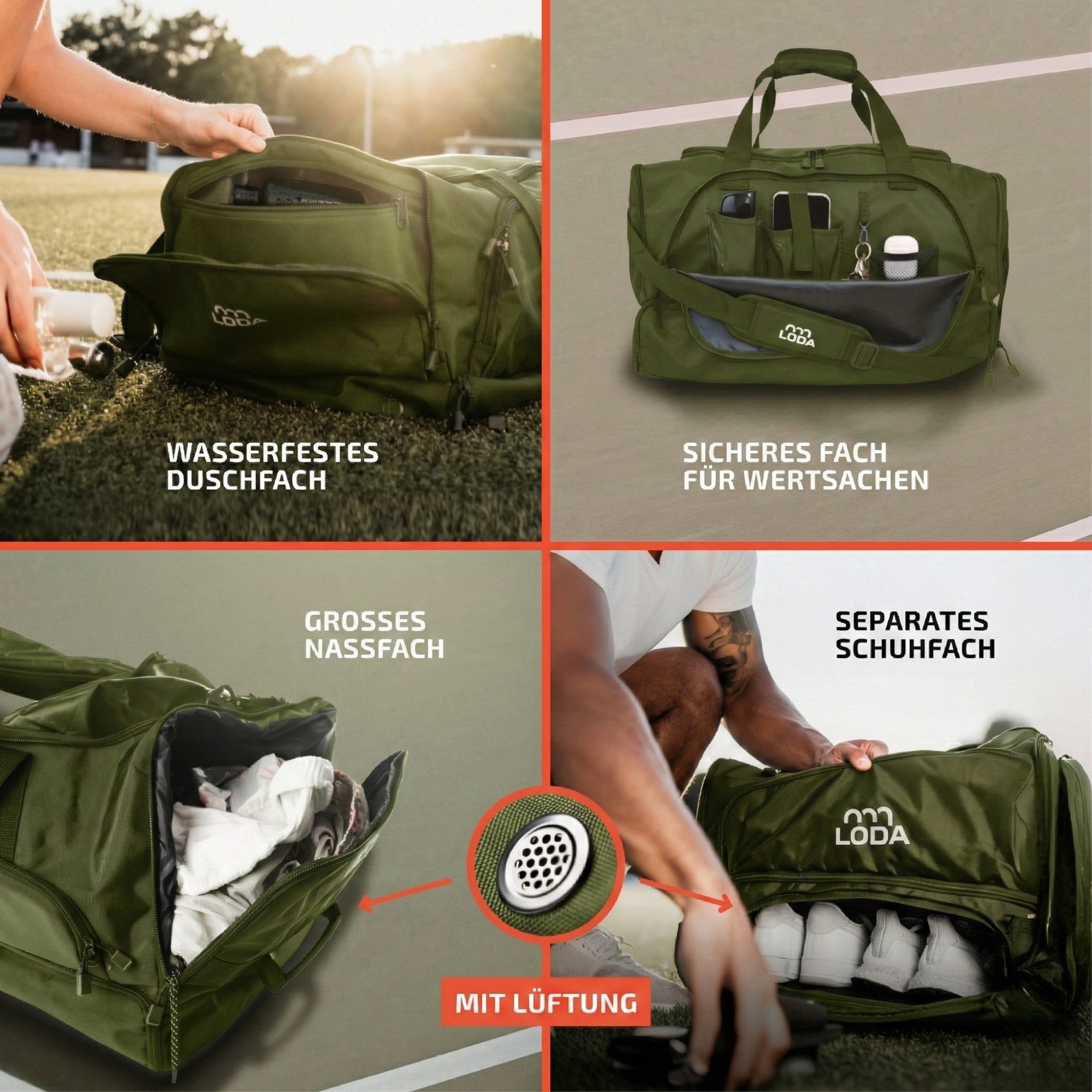 LODA sports Sporttasche compact 48L - Trainingstasche mit Rucksackfunktion & Schuhfach, 50 cm (L) x 30cm (B) x 32cm (H), 48 Liter Volumen