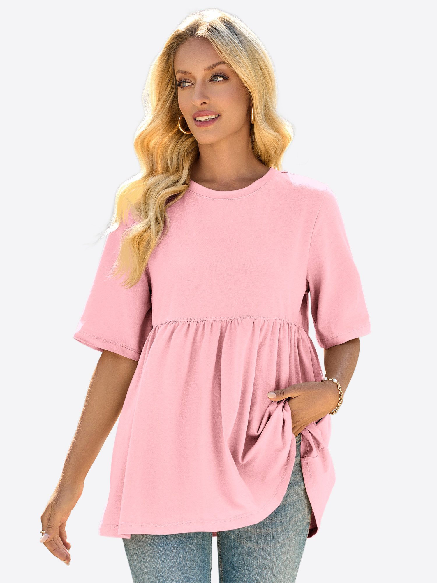Imily Bela T-Shirt Damen Lässiges Babydoll Tunika Oberteil (Packung, 1-tlg., 1per-Pack) mit Rüschensaum