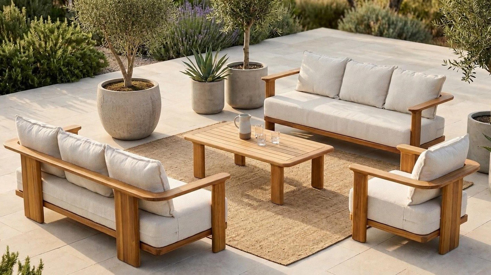Xlmoebel Gartenlounge-Set Gartenmöbelset Beige 2x 3-Sitzer Sofas Sessel Sofakissen Couchtisch, (Gartenmöbelset, 4-tlg., 4-tlg), Modernes Design, ideal für Terrasse/Balkon