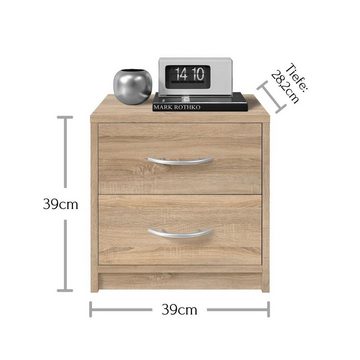 möbelando Nachtkommode Bettine, Nachttisch in Eiche Sonoma Optik - Schlichter Nachtschrank mit zwei Schubladen passend zu jedem Bett & Schlafzimmer - 39 x 39 x 28 cm (B/H/T)