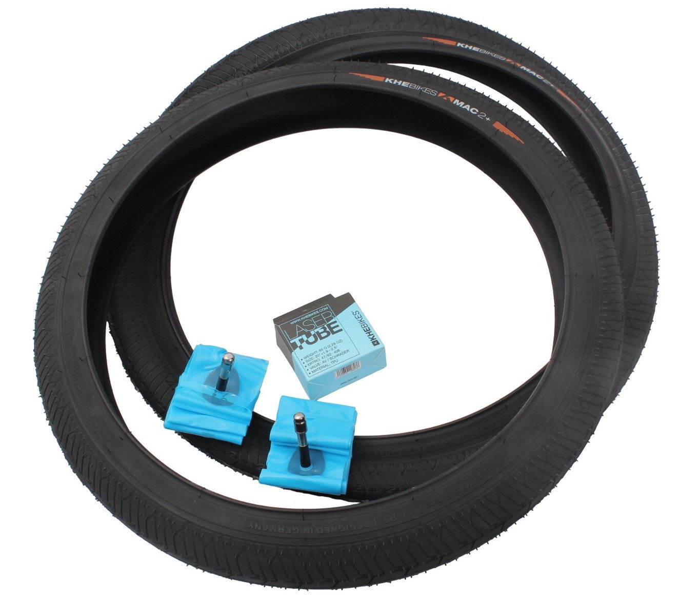 KHEbikes Fahrradreifen BMX Reifen Set KHE MAC2+ Draht 20 Zoll 2,30 mit TPU Schlauch, 2x KHE MAC2+ Reifen (je 450g) 2x KHE LASER TPU Schläuche (je 65g)