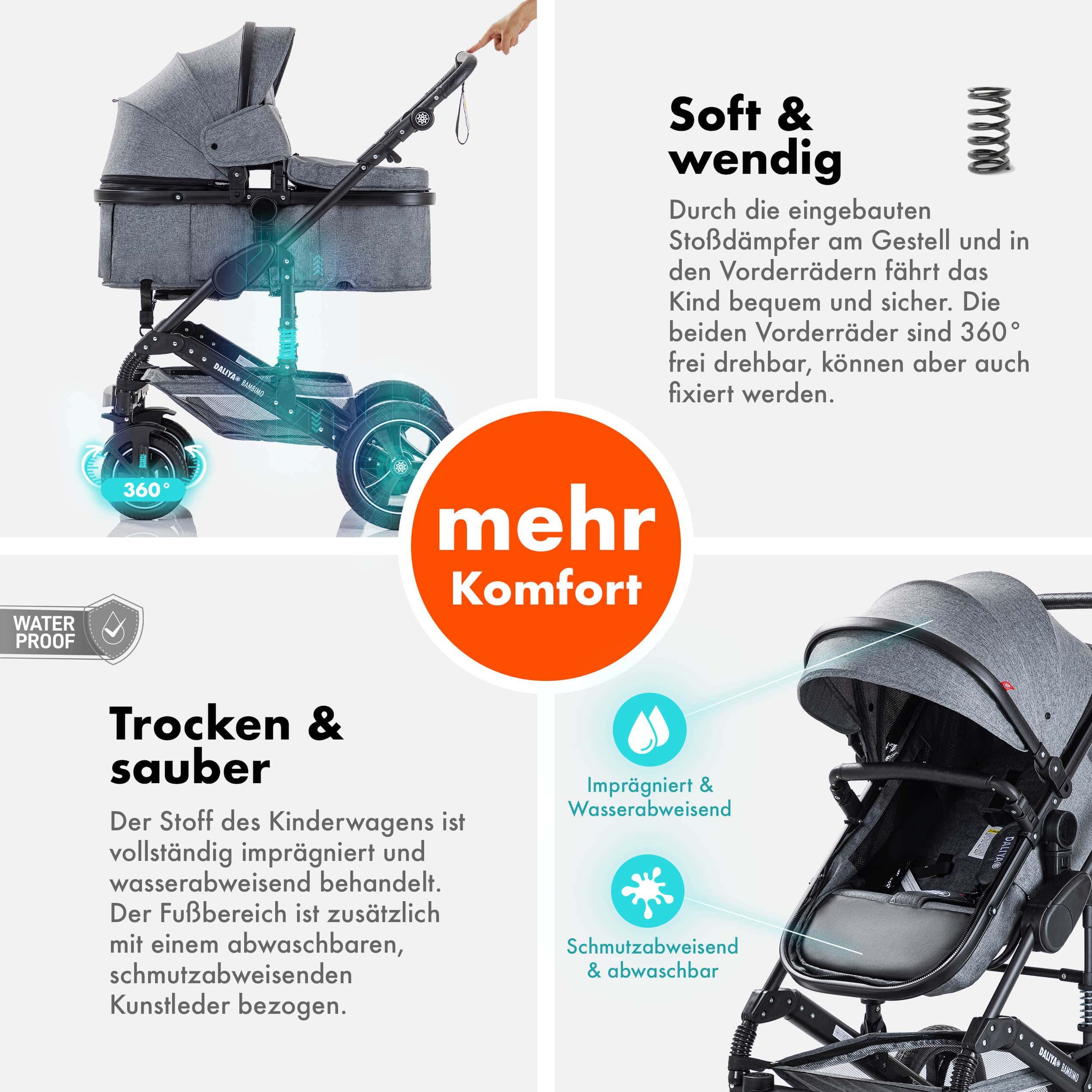 Daliya® Kombi-Kinderwagen BAMBIMO 2in1 Kinderwagen & Buggy, Babywanne und Sportsitz, Alu-Rahmen, (Grundausstattung für Babys, 9-tlg), Großer Einkaufskorb, Feder – Bild 4 von 5