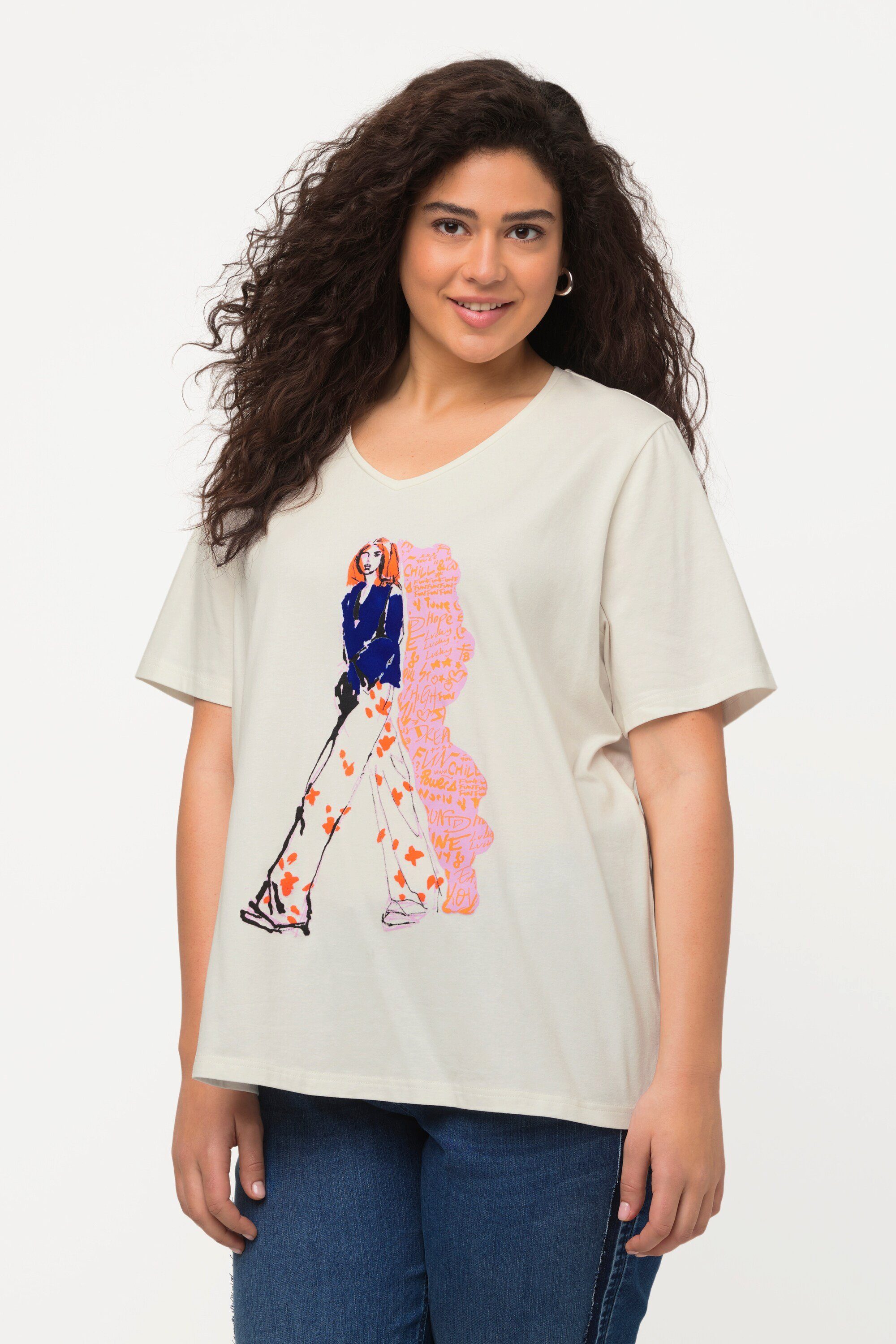 Ulla Popken Rundhalsshirt T-Shirt Frauenmotiv Oversized V-Ausschnitt Halbarm