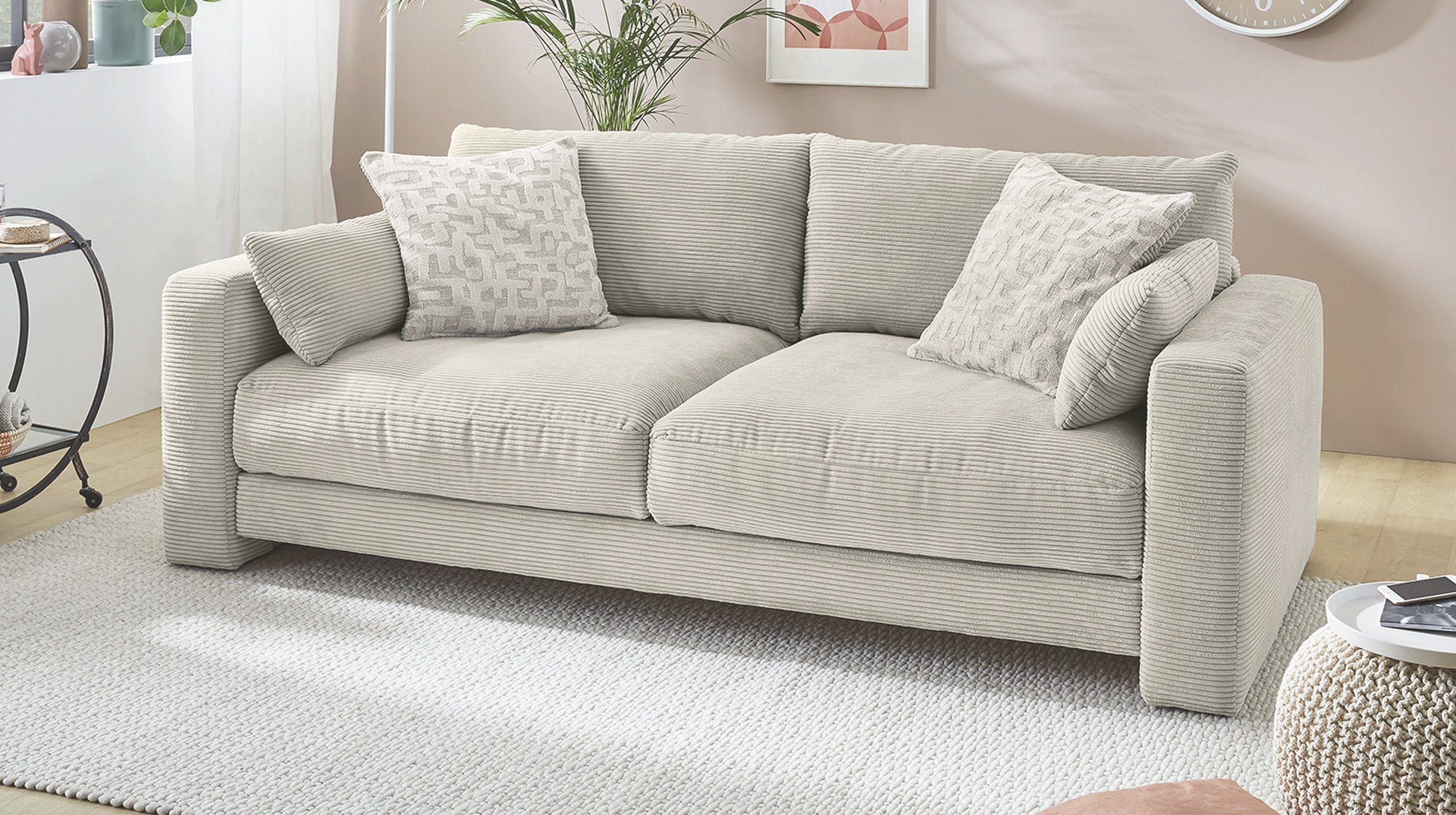 Massivart® Big-Sofa MILEY grau-beige Cordbezug 241 cm 4-Sitzer, Bonell-Federkernpolsterung, 2 Rückenkissen, 4 Zierkissen