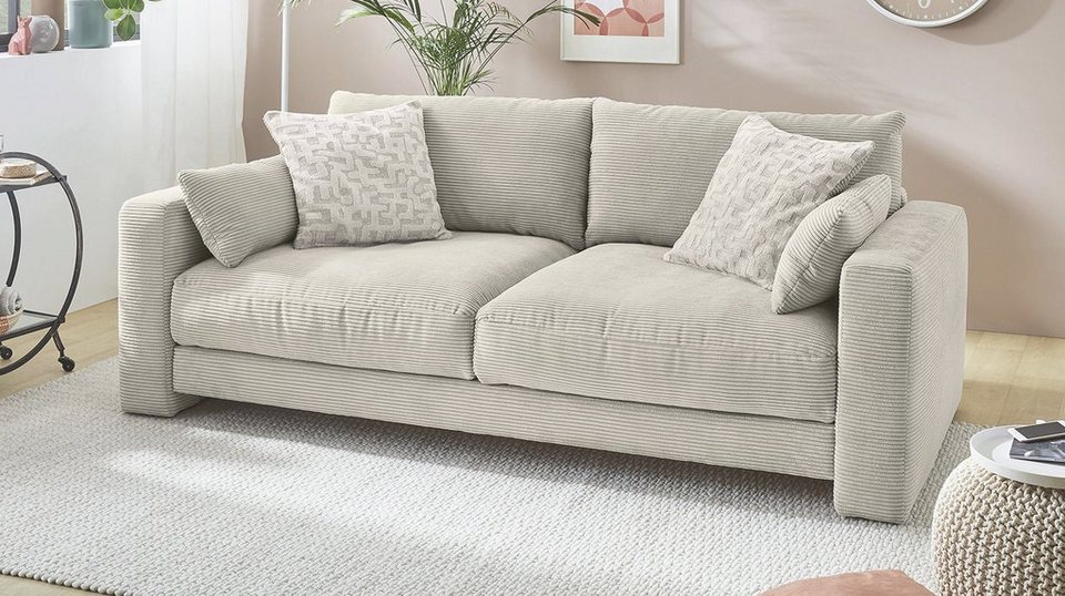 Massivart® Big-Sofa MILEY grau-beige Cordbezug 241 cm 4-Sitzer, Bonell- Federkernpolsterung, 2 Rückenkissen, 4 Zierkissen