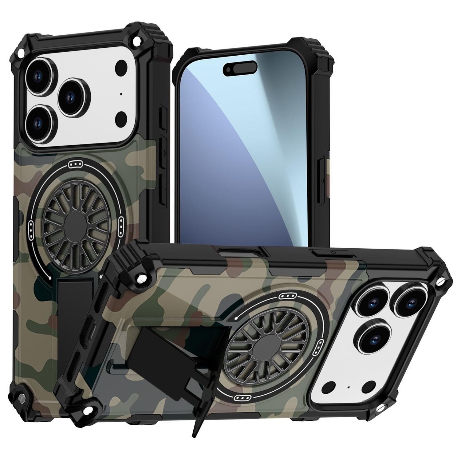Wigento Handyhülle Für Apple iPhone 17 Pro Camouflage MagSafe Ring Kickstand Hülle Grün, Camouflage MagSafe Hülle mit 360 Grad Kickstand