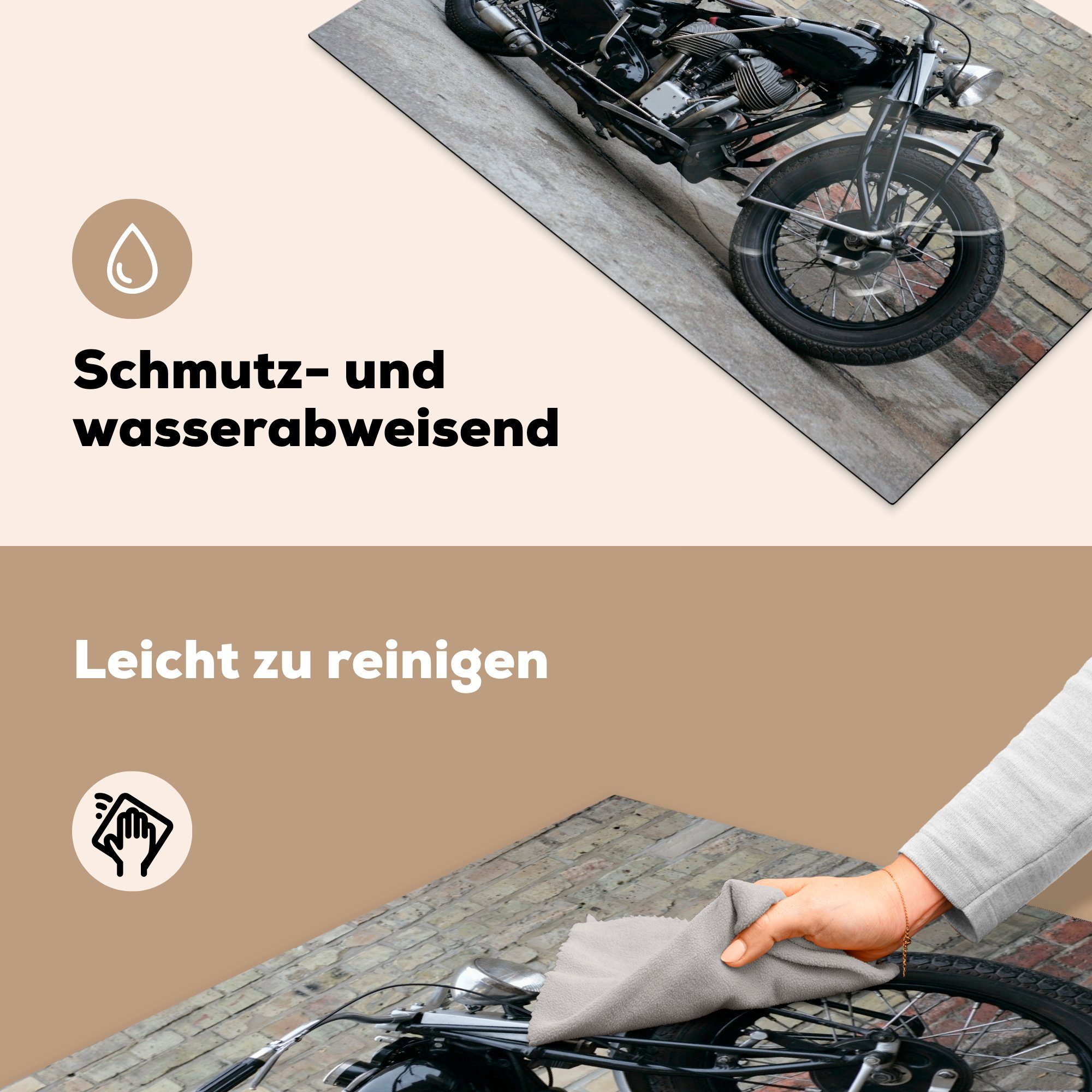 Vinyl, küche, Induktionskochfeld Ceranfeldabdeckung (1 81x52 MuchoWow eines Seitenansicht Motorrads, cm, Schutz tlg), Herdblende-/Abdeckplatte antiken für die