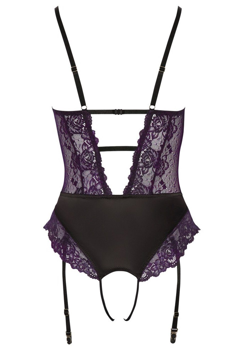 Cottelli Collection Body Ouvert Body mit Strumpfhaltern und Spitze - schwarz, lila (1-tlg) 2 Glitzerketten im tiefen Dekolleté