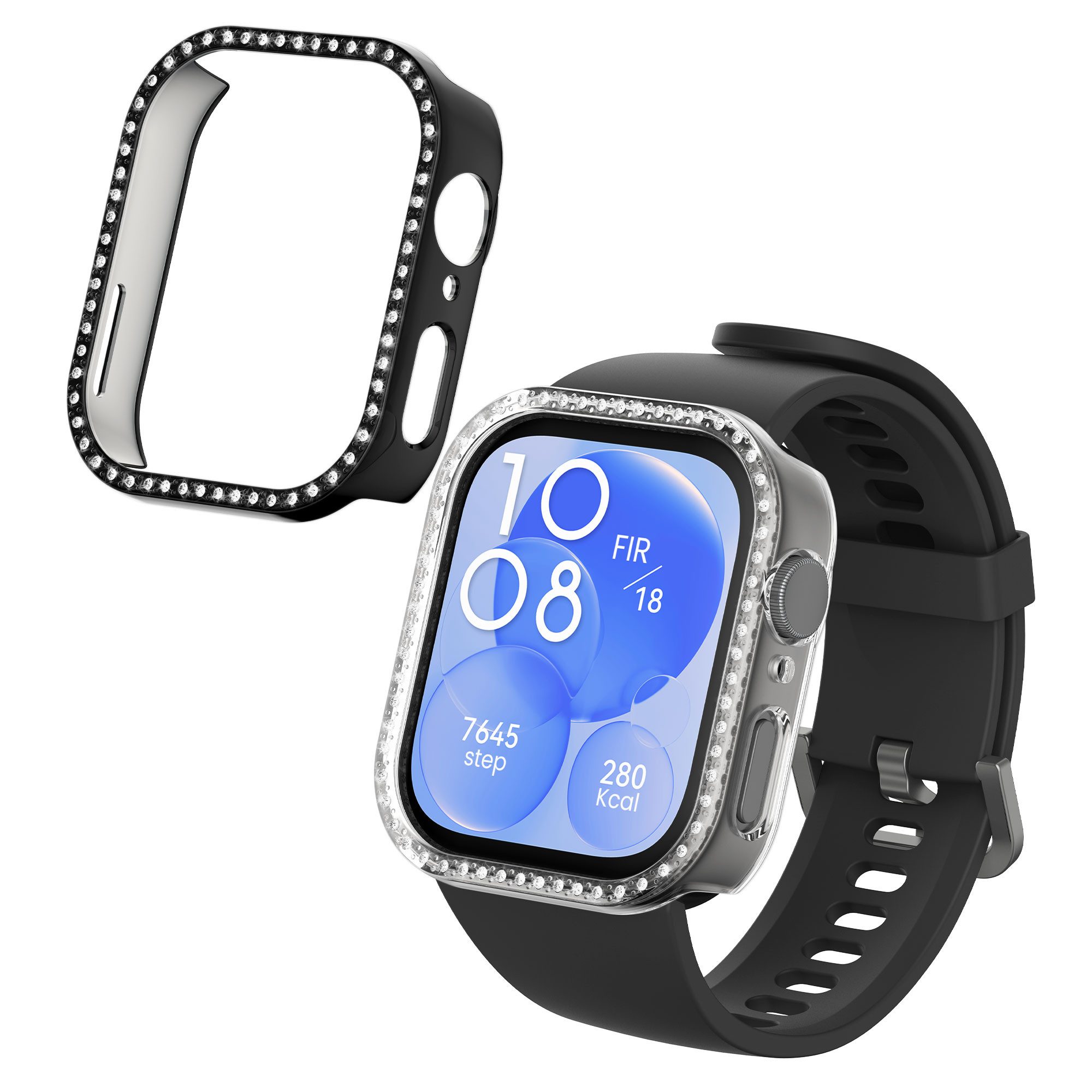kwmobile Smartwatch-Hülle 2x Kunststoff Hülle für Huawei Watch Fit 3, Schutzrahmen - Glitzer Schutzhülle in Transparent Schwarz