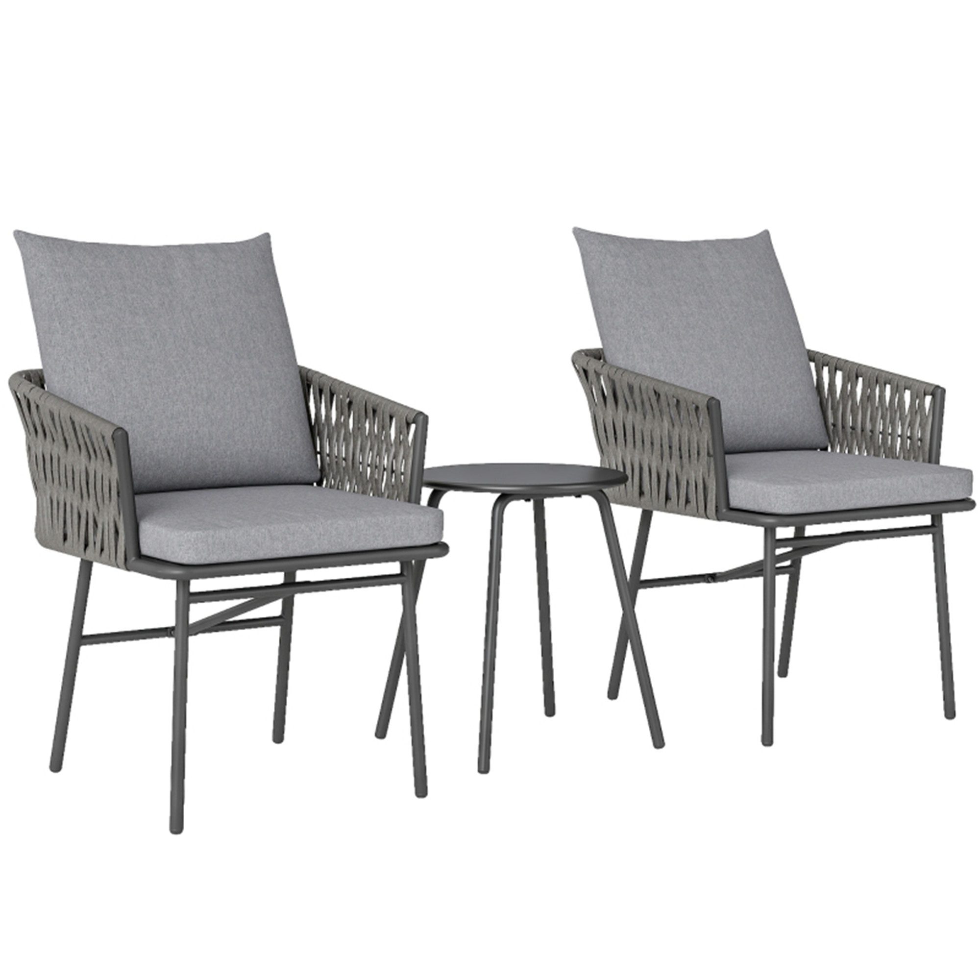 MC Star Gartenlounge-Set Rattan Bistroset, Sitzgruppe, Gartengarnitur mit 2 Gartensesseln, (Couchtisch, abnehmbar Kissen, Balkonmöbel-Set für Garten, Terrasse, Stahl, Grau)
