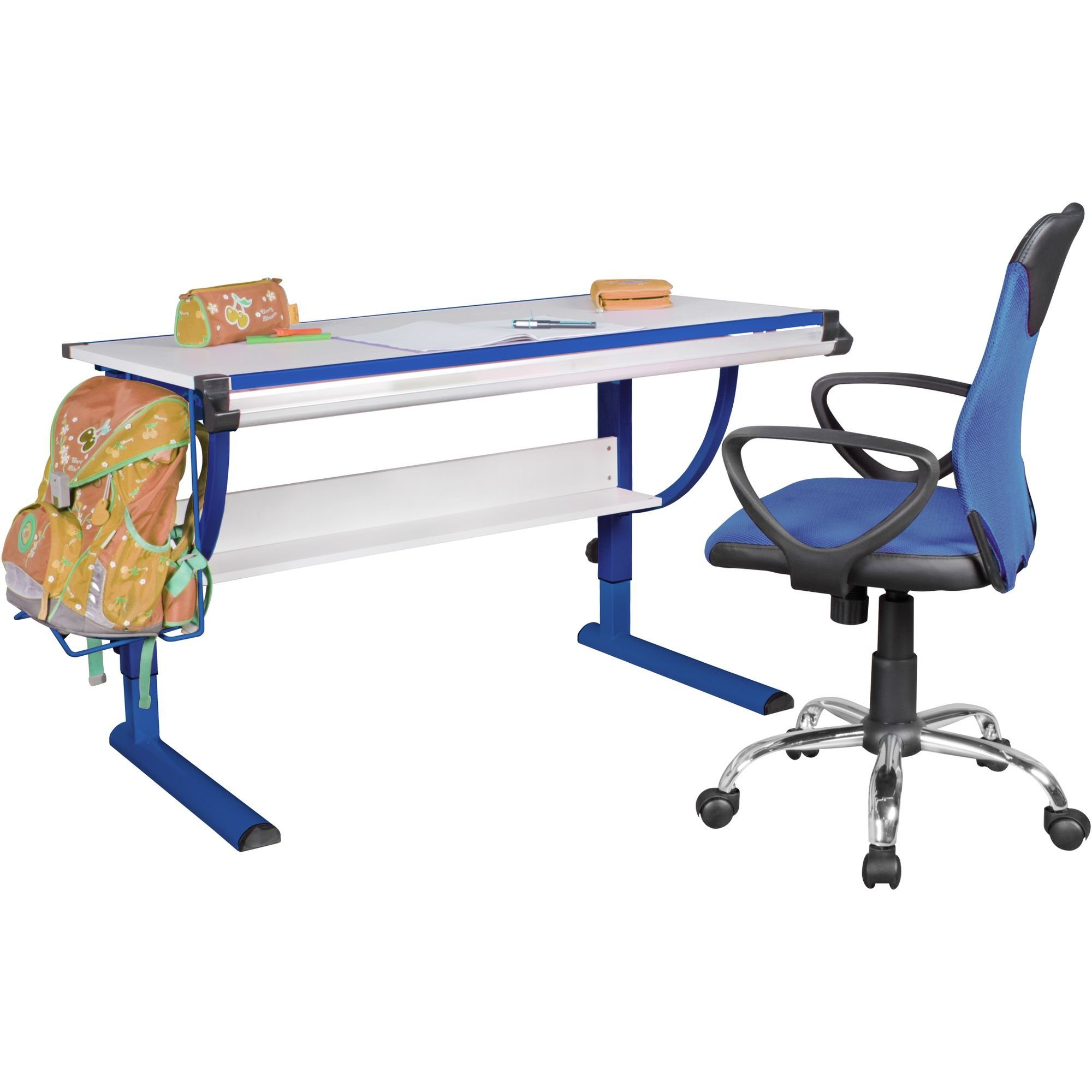 Wohnling Schreibtisch WL5.127 (Kinderschreibtisch 60 cm x Neigungsverstellbar 120 Modern Blau Holz Weiß), Schülerschreibtisch 