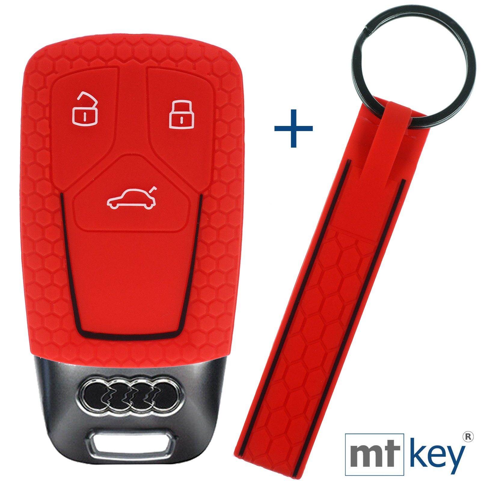mt-key Schlüsseltasche Autoschlüssel Silikon Schutzhülle im Wabe Design Rot mit Schlüsselband, für Audi A4 A5 A6 A7 TT Q2 Q5 Q7 A8 Q8 3 Tasten KEYLESS SMARTKEY