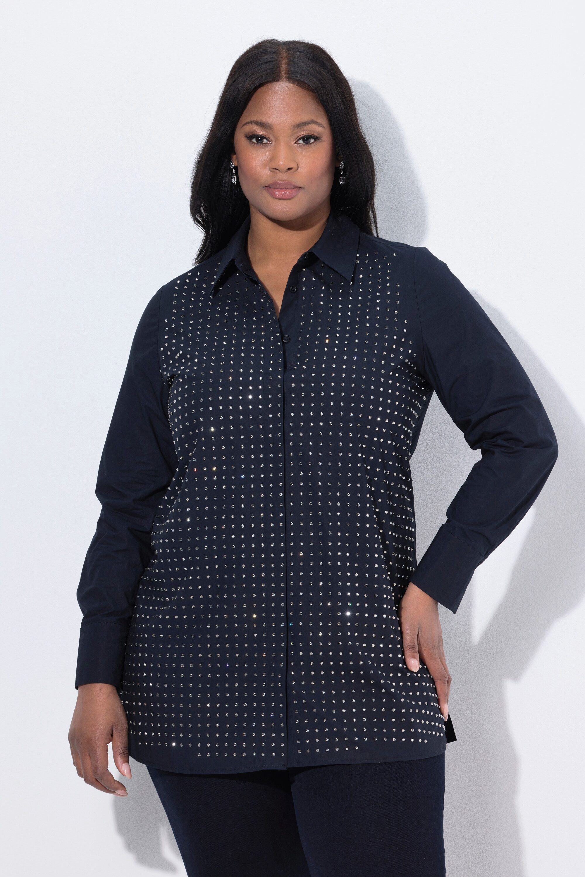 Ulla Popken Hemdbluse Bluse Ziersteine A-Linie Hemdkragen Langarm