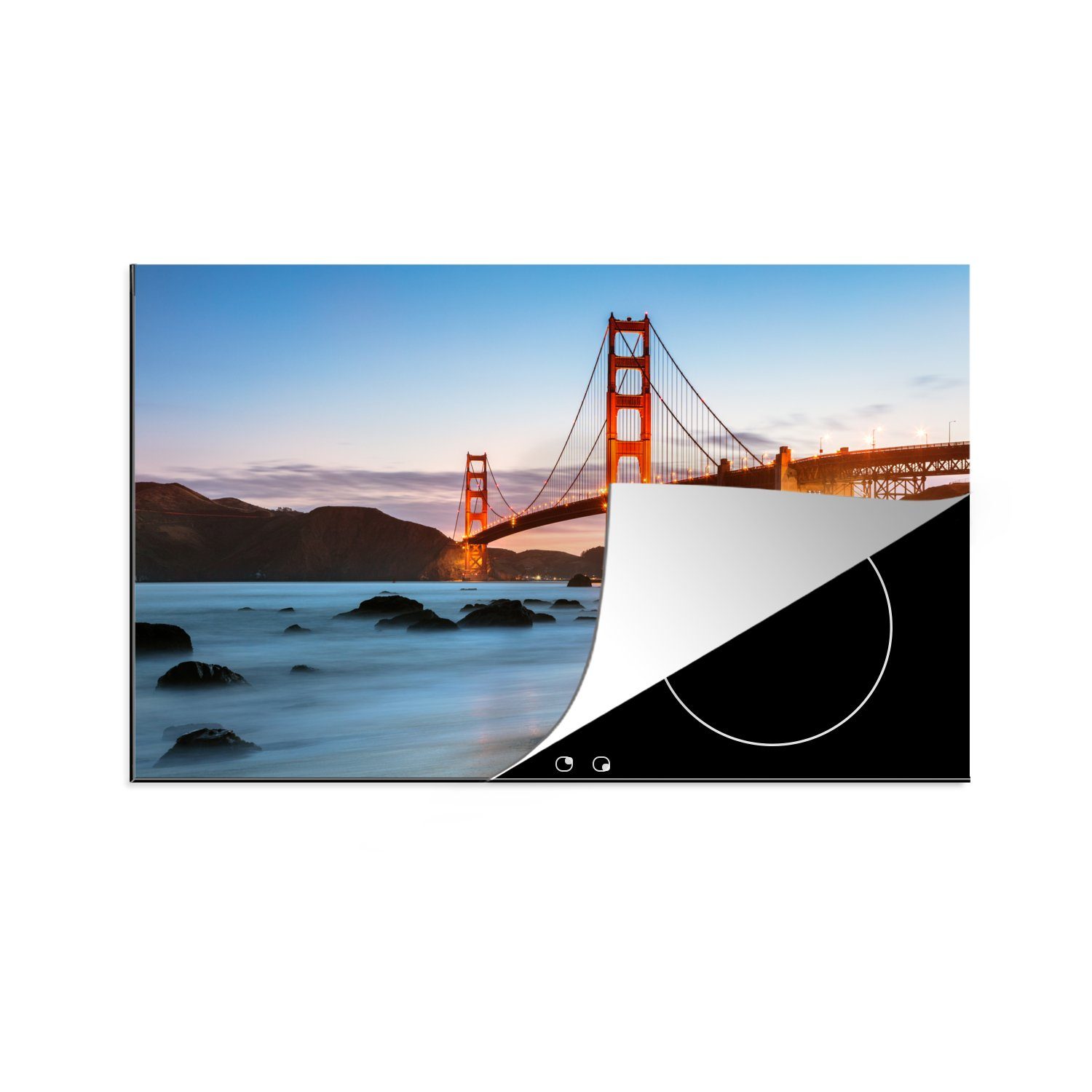 MuchoWow Herdblende-/Abdeckplatte Golden Gate Bridge mit blauem Sonnenuntergang und blauem Wasser, Vinyl, (1 tlg), 81x52 cm, Induktionskochfeld Schutz für die küche, Ceranfeldabdeckung