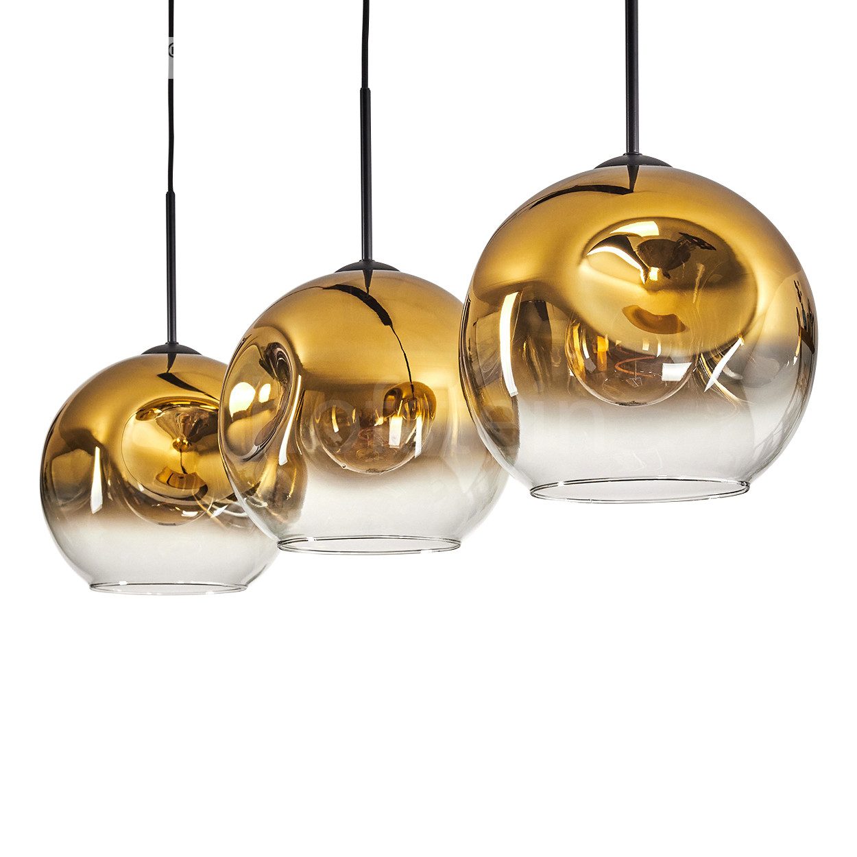 hofstein Hängeleuchte Hängelampe aus Metall/Glas in Schwarz/Goldfarben/Klar, ohne Leuchtmittel, Leuchte mit Glasschirmen (25cm),max. 148cm, 3 xE27, ohne Leuchtmittel