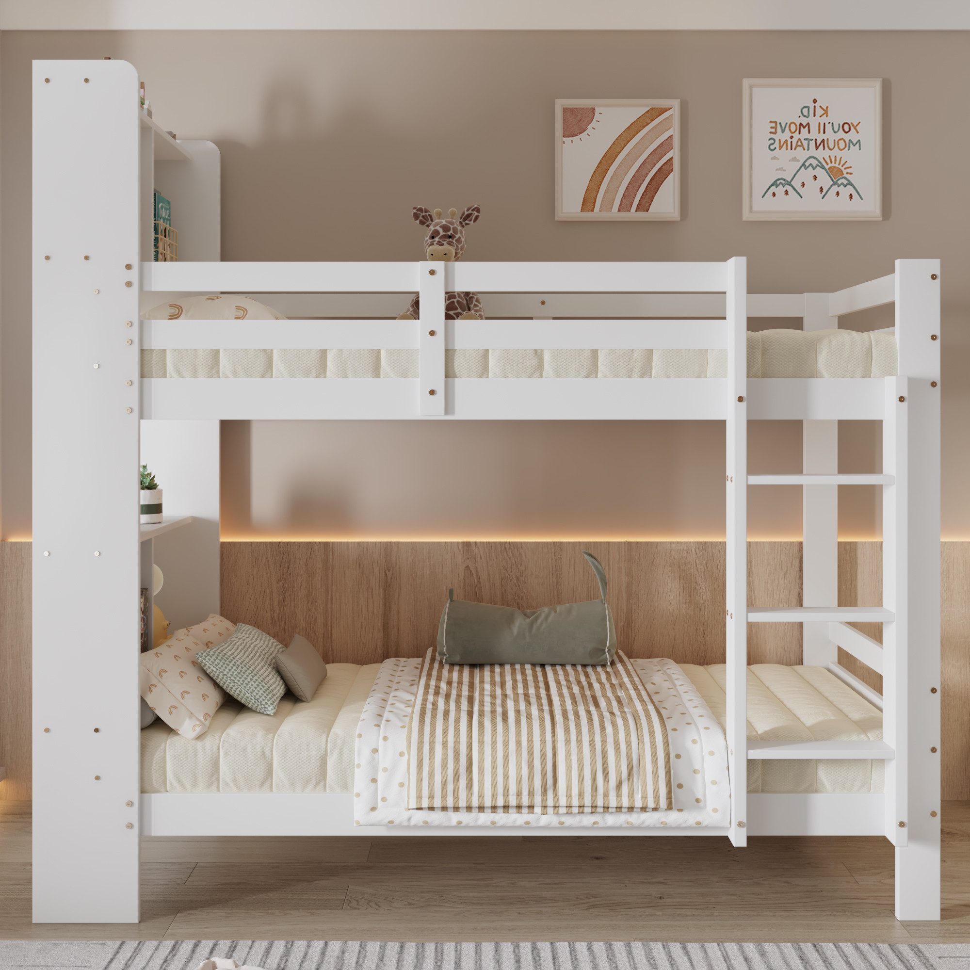 Merax bunk bed (youth bed, 1-piece), pine wood children's bed 90x200cm with headboard shelves, ladder, storage space, and fence