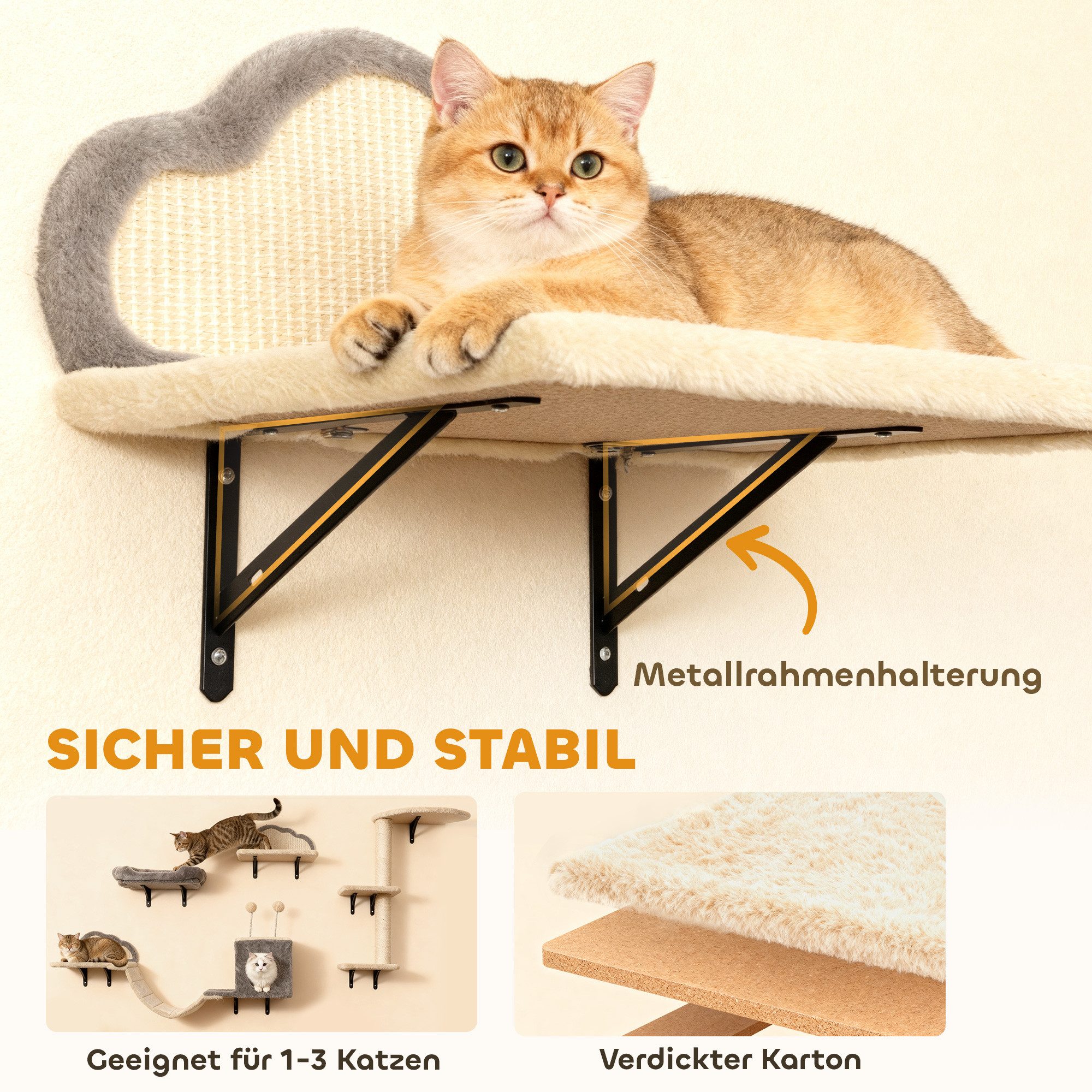 marmortrend Sehnsucht nach Einzigartigkeit Kratzbaum Wandmontiertes Kletterwand Katzen-Set, Sisalkratzflächen, Stabiles Plüsch-Klettergerät für Katzen, 4 Teile, für 1-3 Katzen