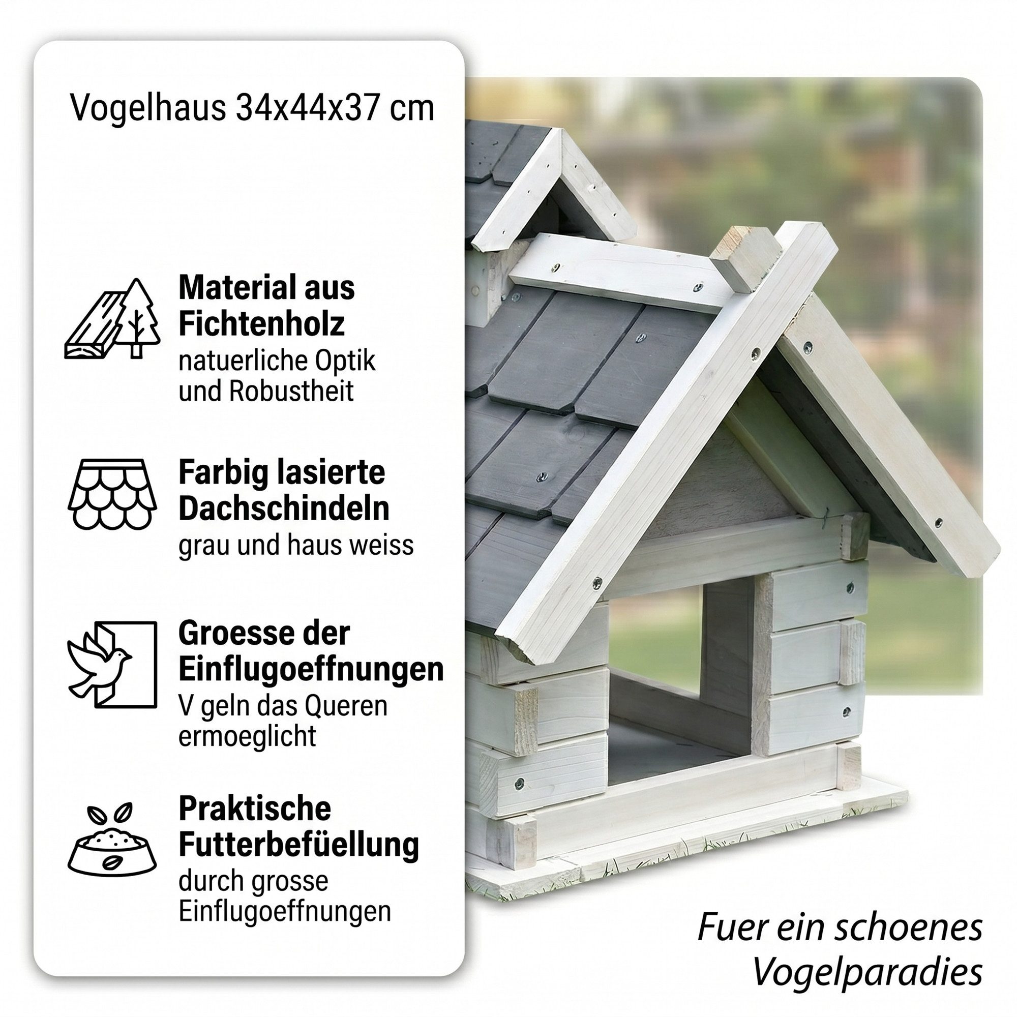 Mucola Vogelhaus Vogelvilla Grau Weiß Holz Vogelfutterhaus Vogelhaus Dach Vogelhäuschen, Eine kleine Erhöhung am Rand sorgt dafür, dass kein Futter herausfällt