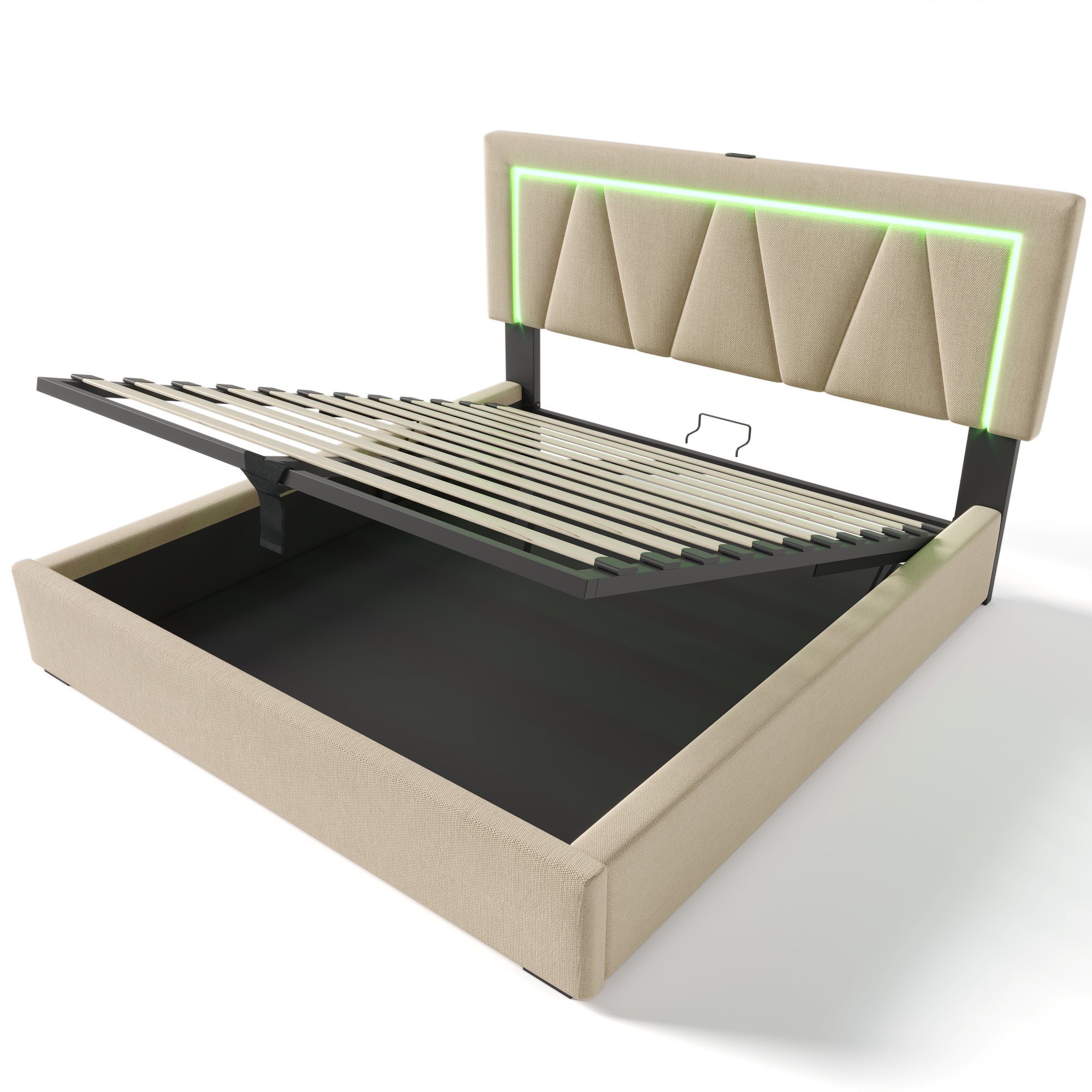 Polsterbett (Stauraumbett mit Lattenrost, 160x200cm), LED Doppelbett mit USB Typ C Ladefunktion, Leinen, Ohne Matratze