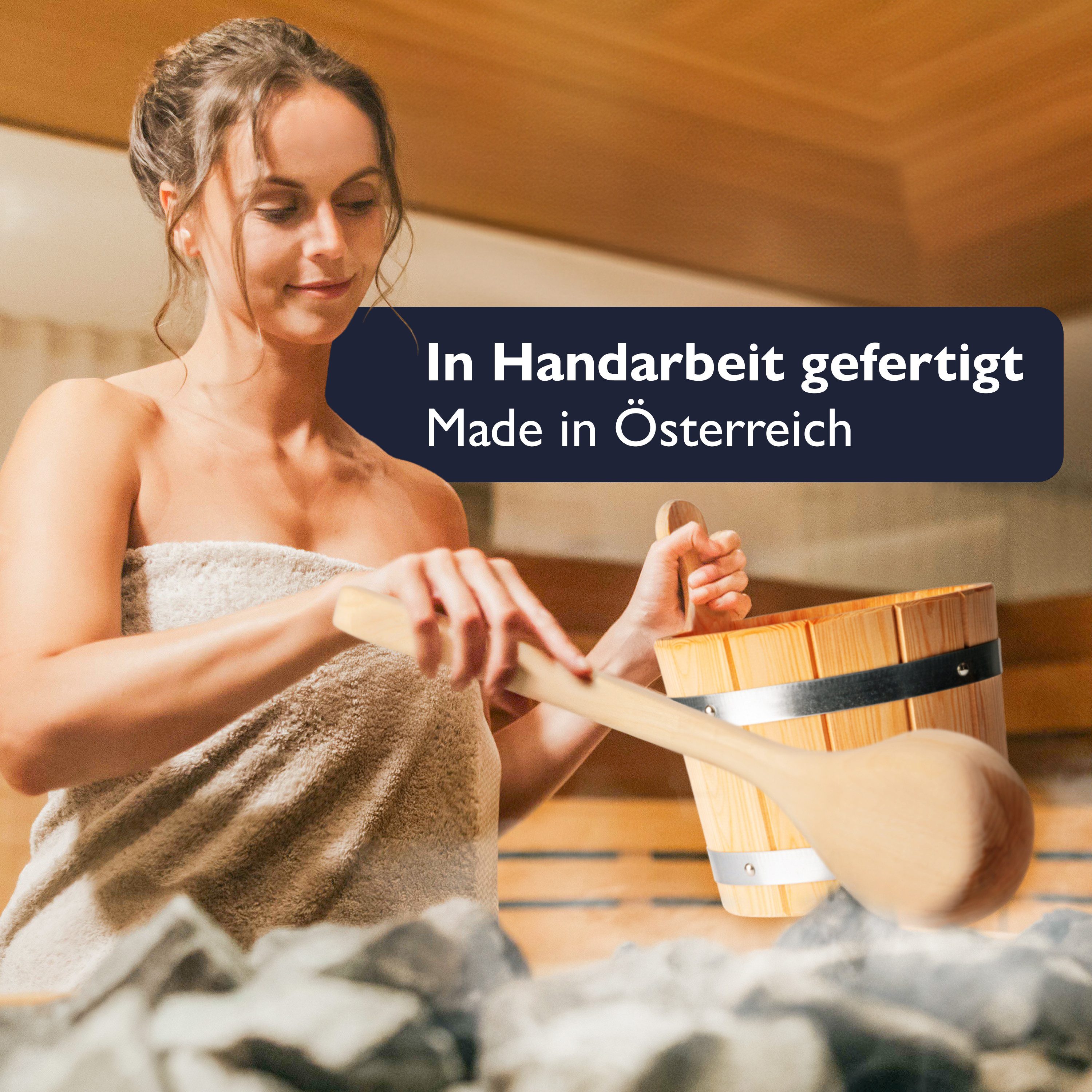 Liebenstein Aufgusskübel Sauna Eimer mit Kelle - Made in Österreich, 5 l, (1St., handgefertigt aus naturbelassener Lärche – dein Sauna Zubehör Set), bestehend aus Saunaeimer, Saunakelle